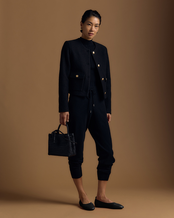 Black 100% Merino Wool Collarless Cropped Jacket