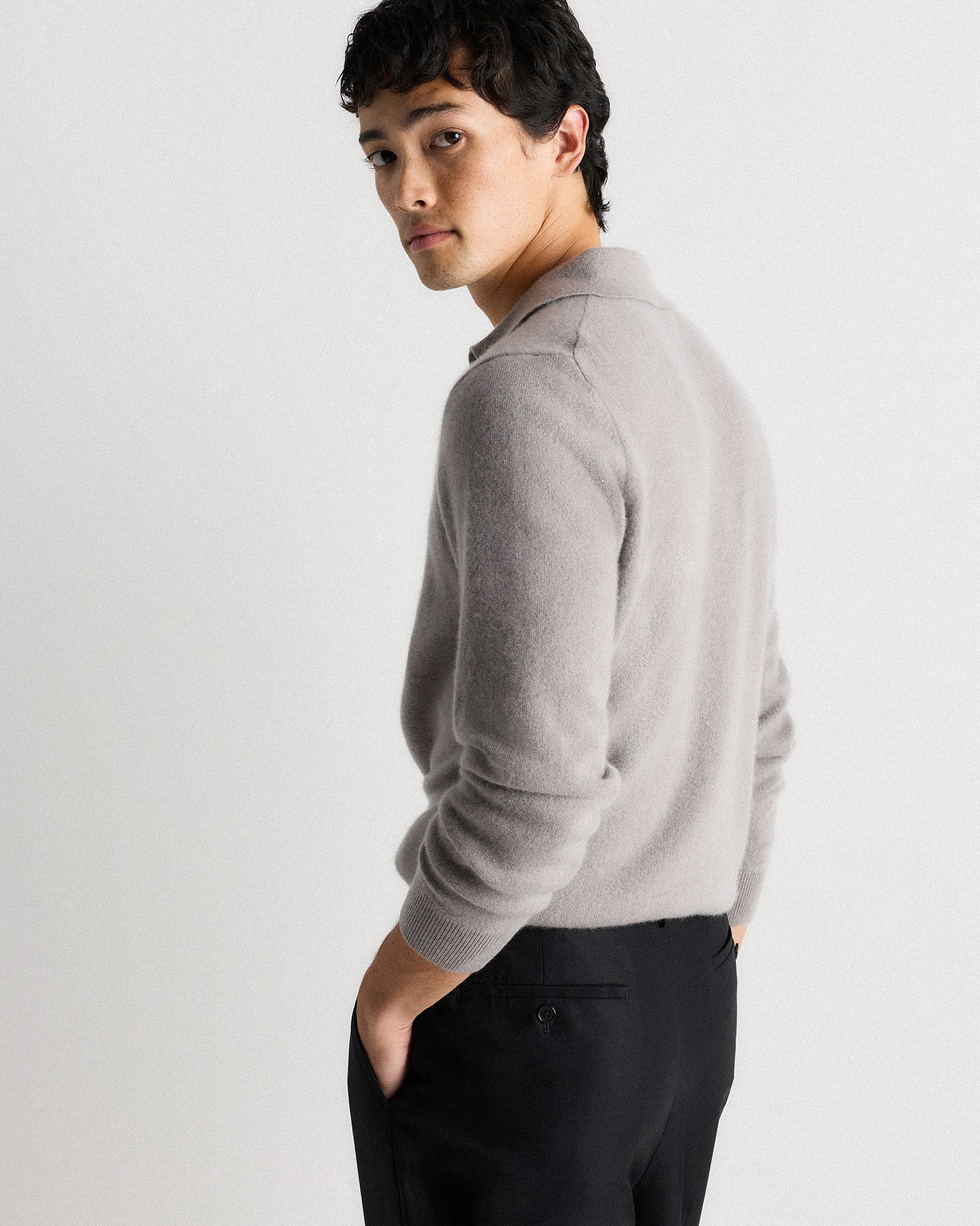 Mongolian Cashmere Polo Sweater in Morel Grey