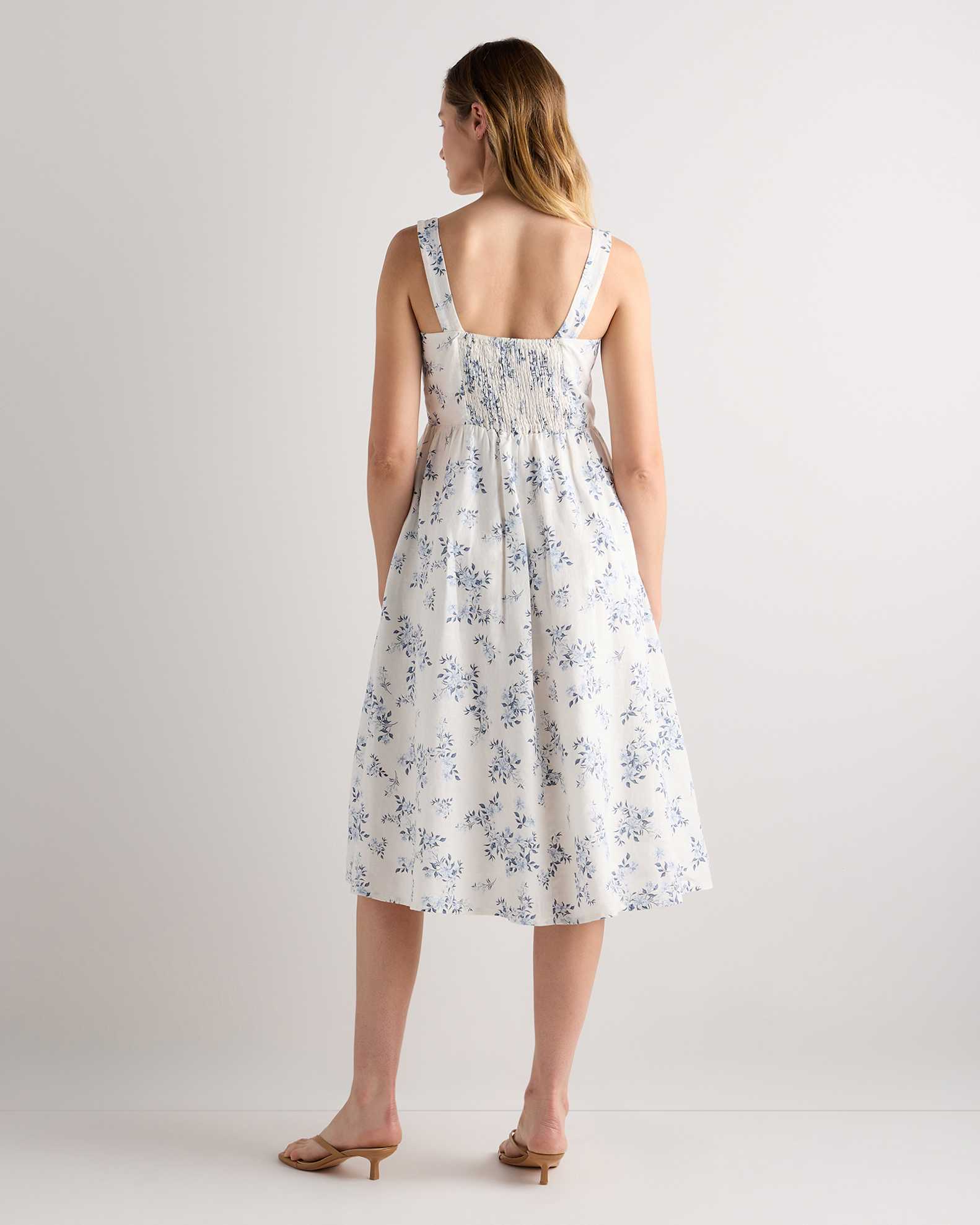 Women's 100% European Linen Fit & Flare Midi Dress in Blue Pinstripe, Size Xs by Quince Women's 100% European Linen Fit & Flare Midi Dress in Blue Pinstripe, Size Xs by Quince