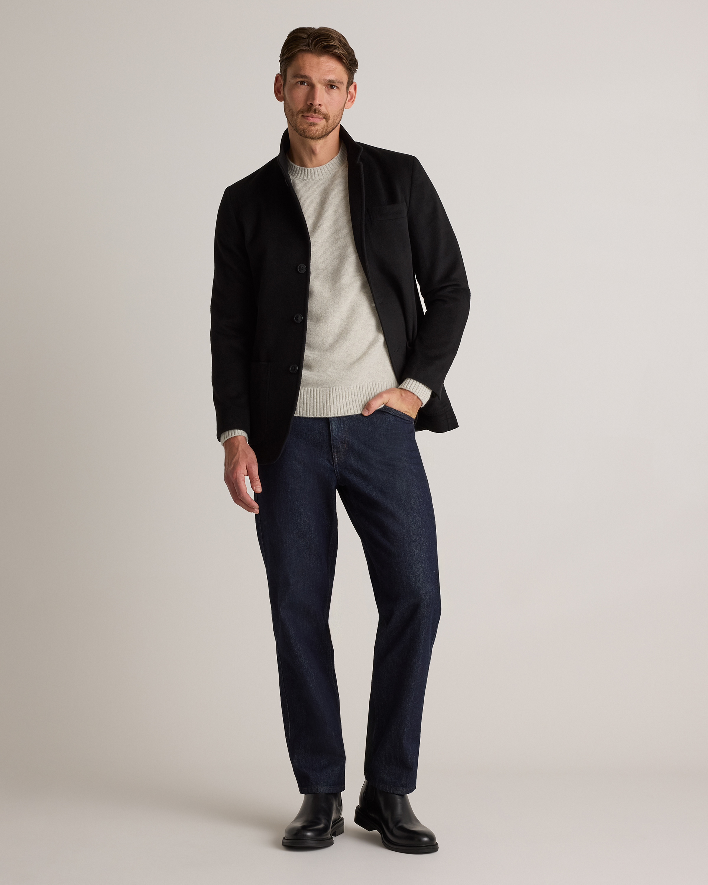 100% Mongolian Cashmere Stand Collar Blazer in Black