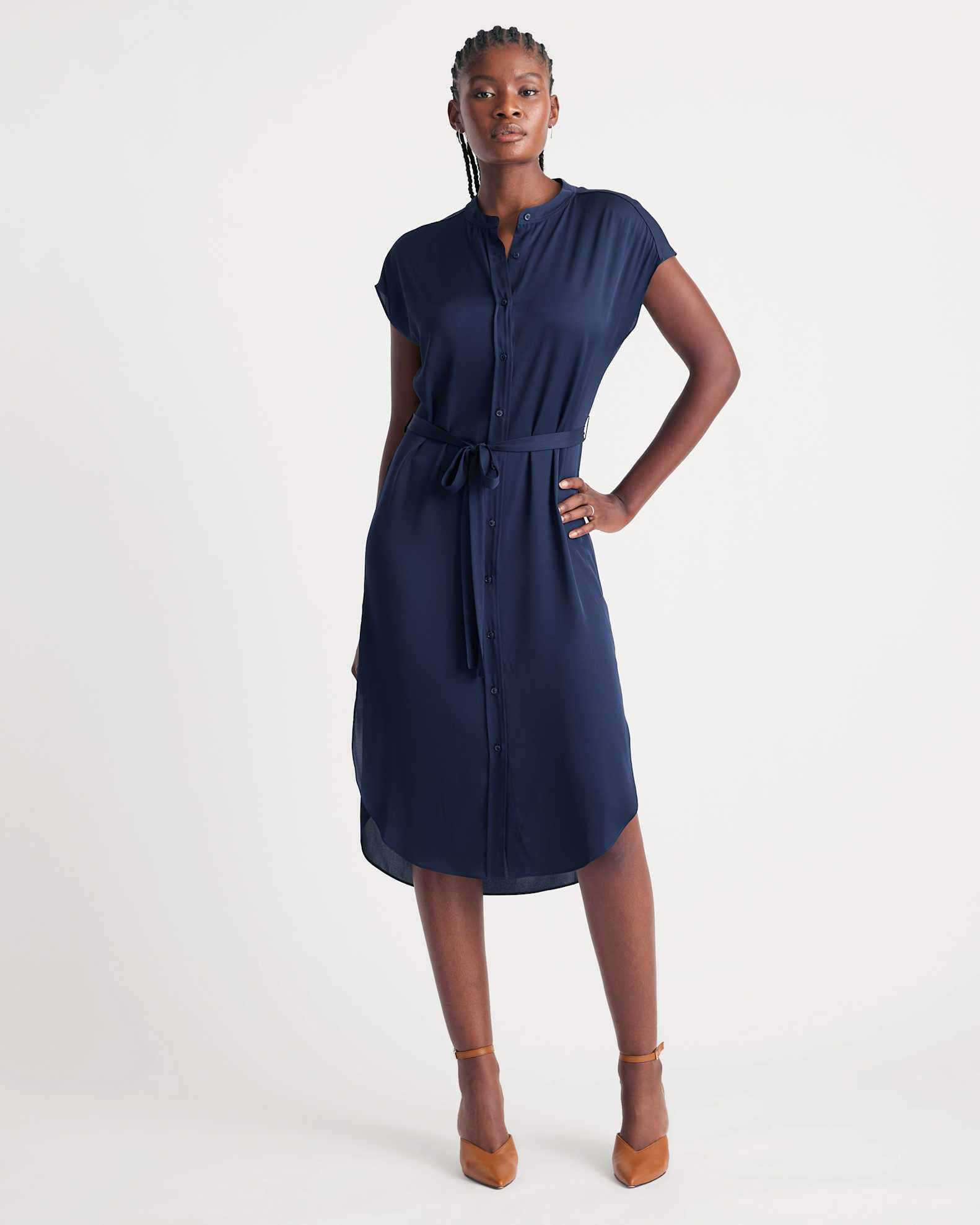 Washable Stretch Silk Midi Shirt Dress in Navy Washable Stretch Silk Midi Shirt Dress in Navy