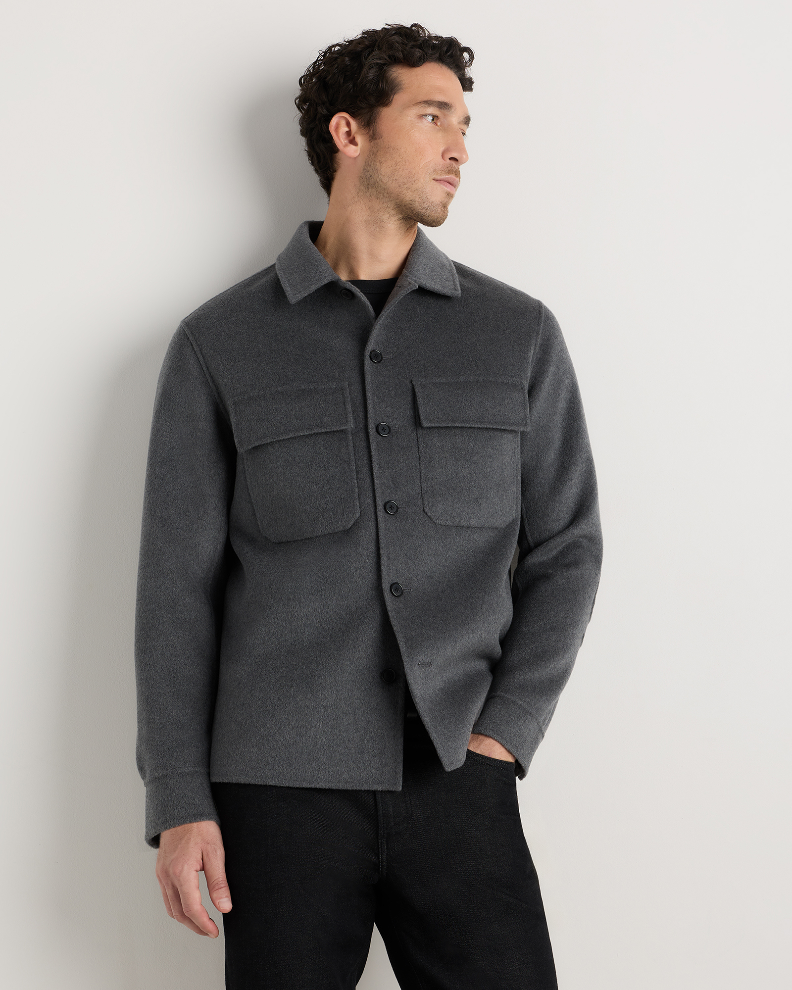 Heather Graphite 100% Mongolian Cashmere Double-Faced Shirt Jacket