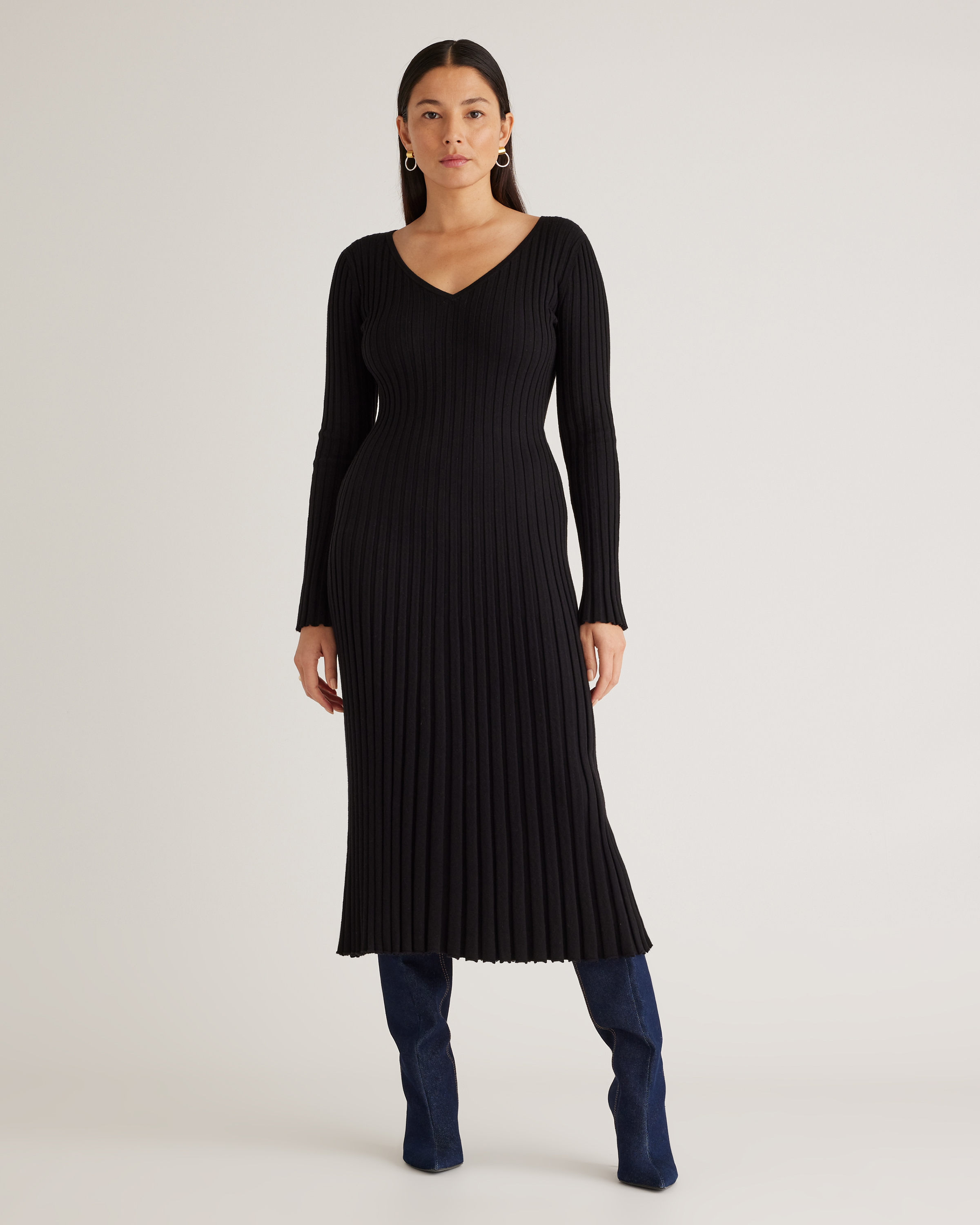 Black Cotton Cashmere Ribbed Long Sleeve V-Neck Midi Dress