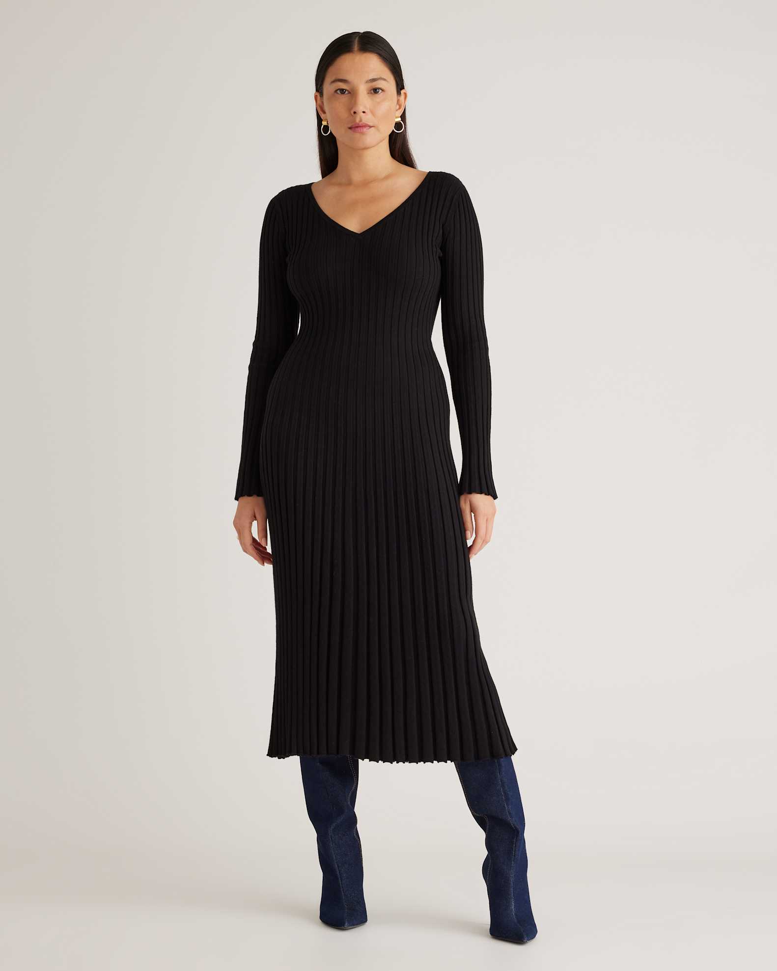 Cotton Cashmere Ribbed Long Sleeve V-Neck Midi Dress Cotton Cashmere Ribbed Long Sleeve V-Neck Midi Dress