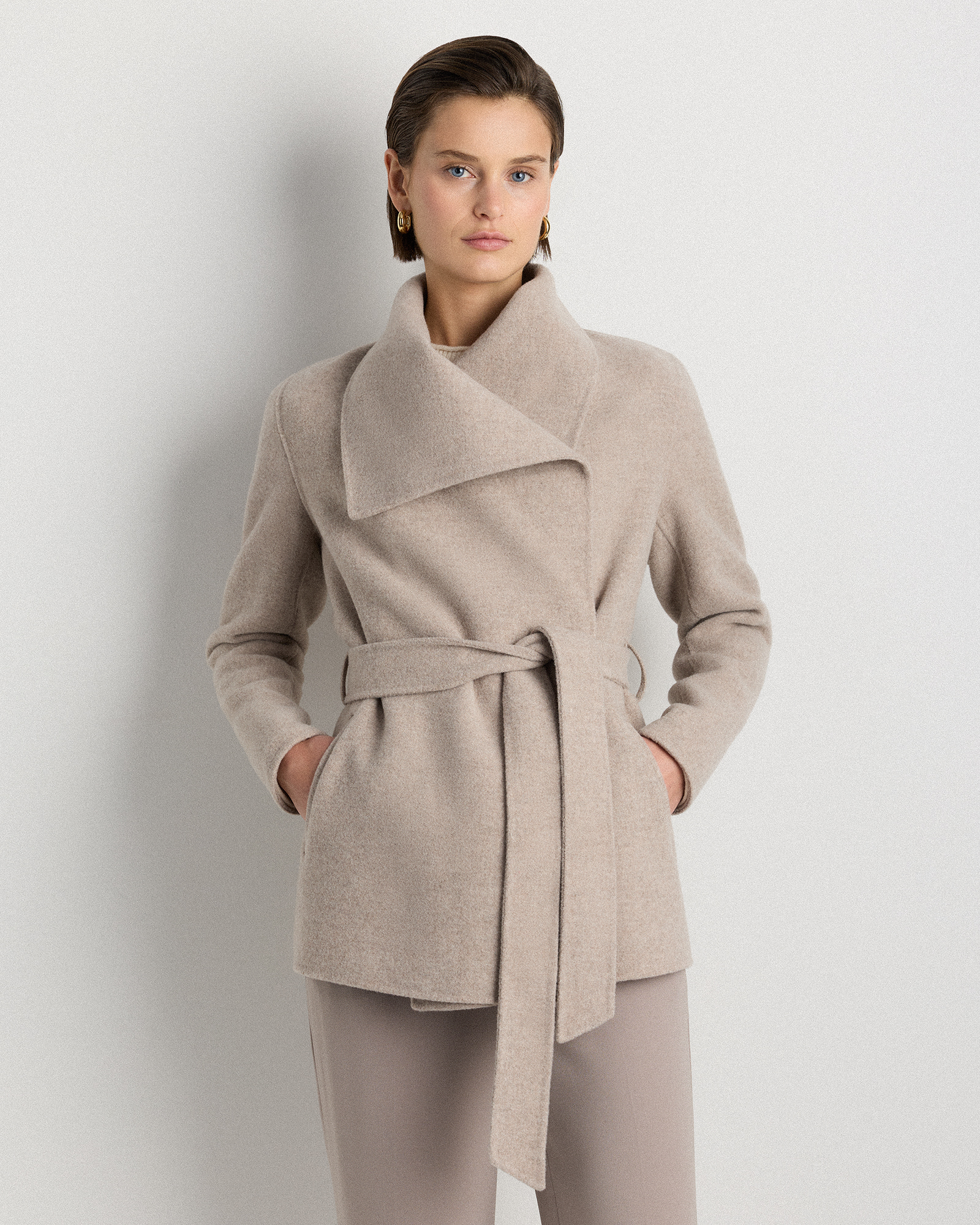 Oat Double-Faced Merino Wool Draped Collar Short Wrap Coat