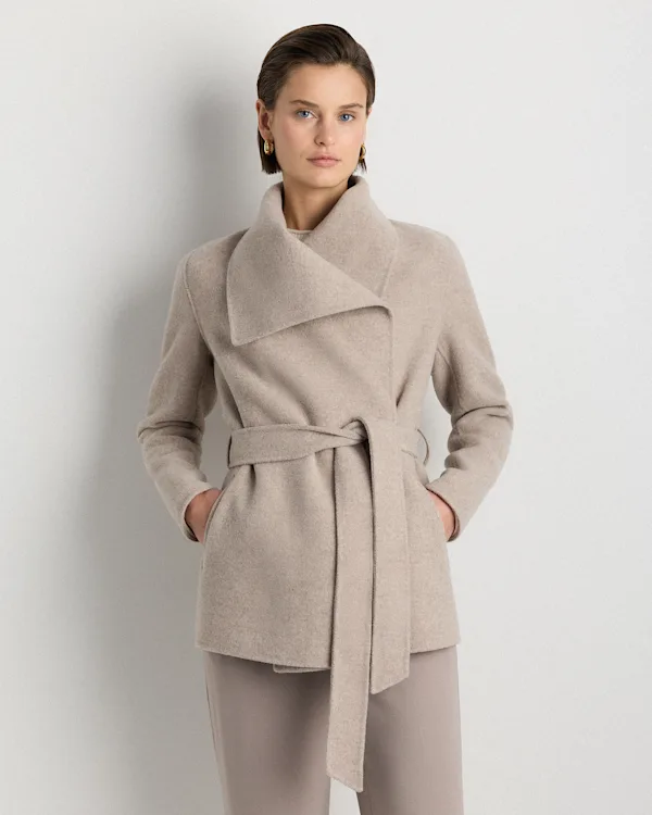 Double-Faced Merino Wool Draped Collar Short Wrap Coat