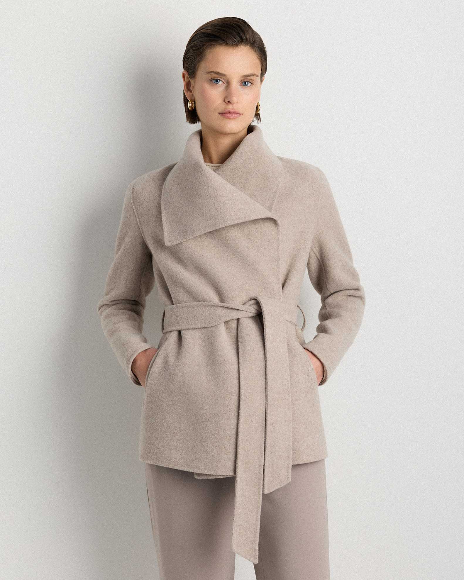Double-Faced Merino Wool Draped Collar Short Wrap Coat in Oat