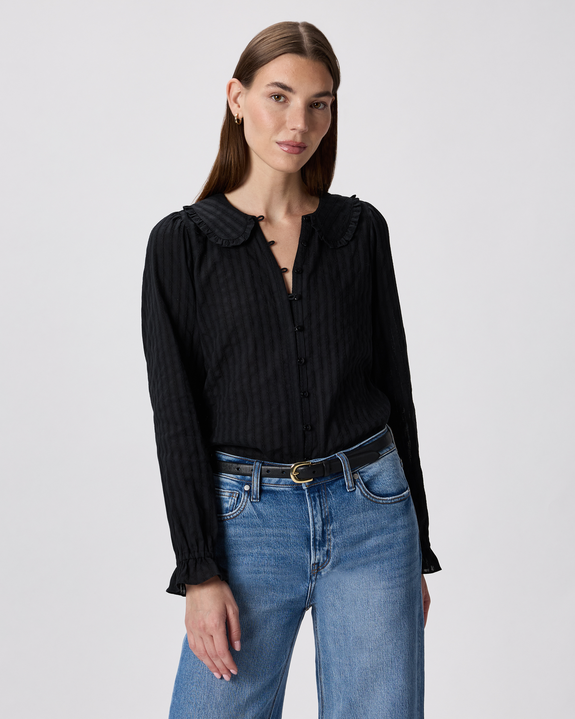 True Black Embroidered Cotton Ruffle Collar Long Sleeve Blouse