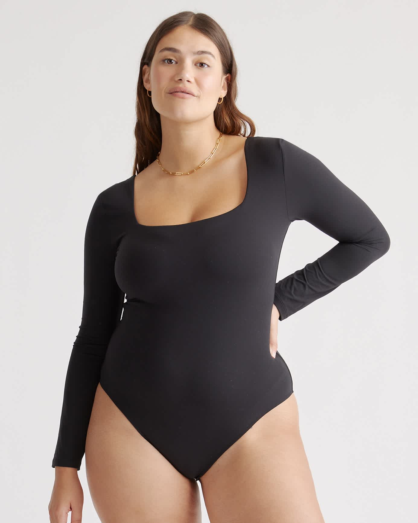 Women's Square Neck Bodysuit – Long Sleeve Slim Fit Top In Black, White, Or Beige For Layering
