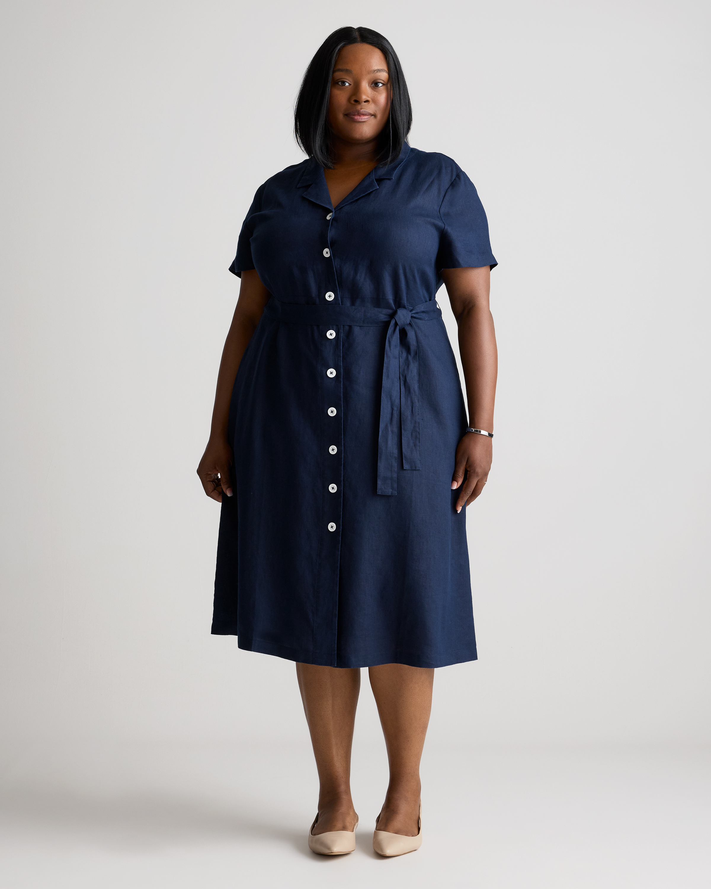 Deep Navy 100% European Linen Button Front Dress