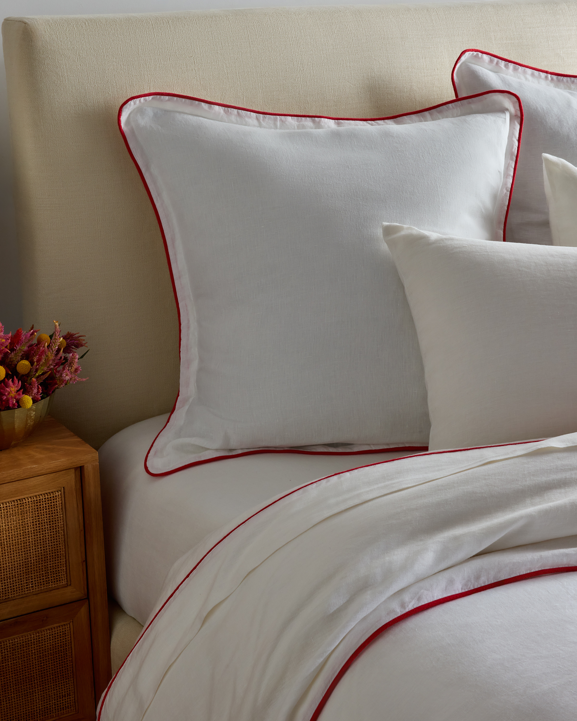 White/Cherry European Linen Piped Euro Sham 