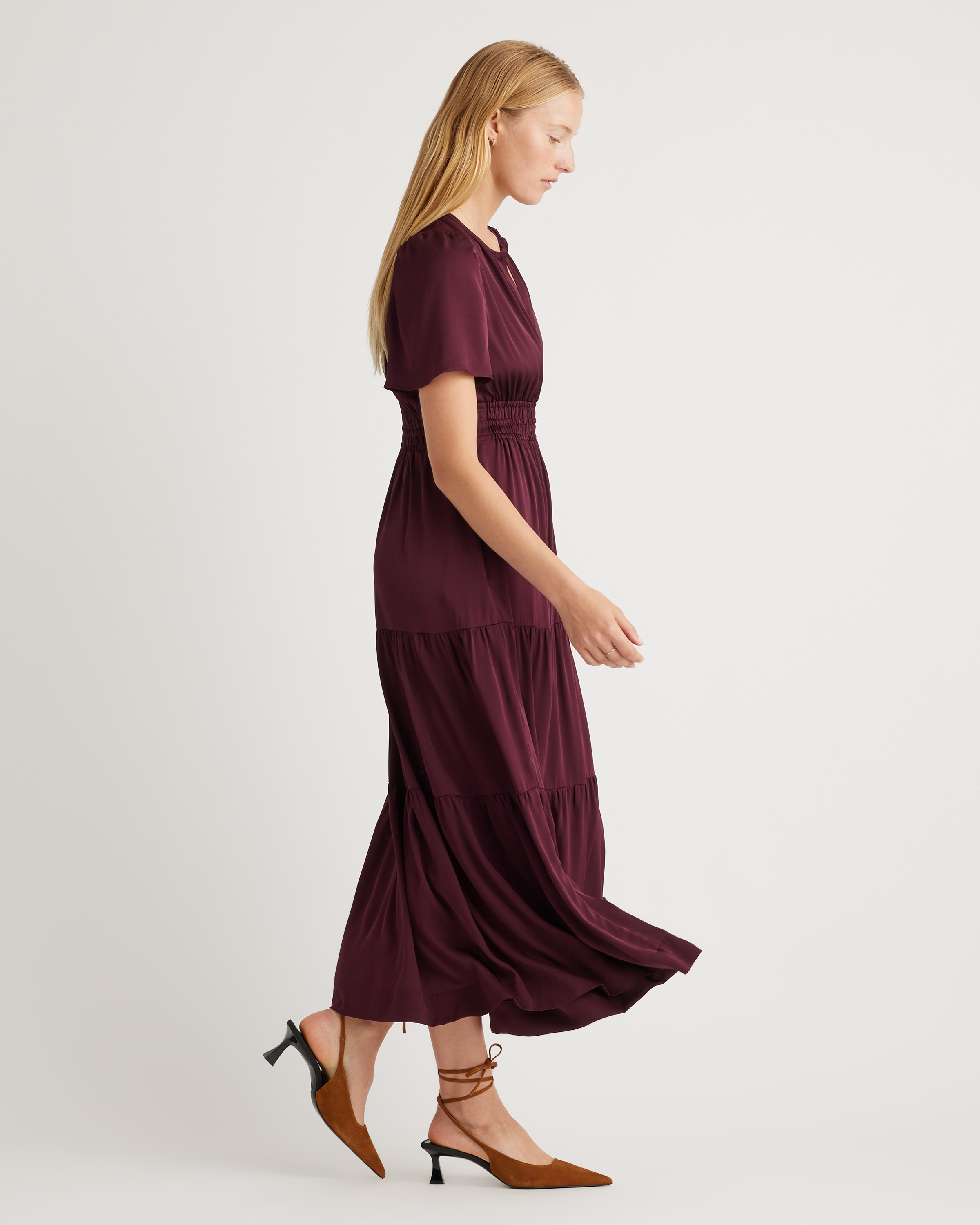 Quince Women's Stretch Silk Tiered Maxi Dress, XS, Wine Tasting - Washable, Hypo-allergenic, Thermoregulating, Comfortable Smocked Waistband