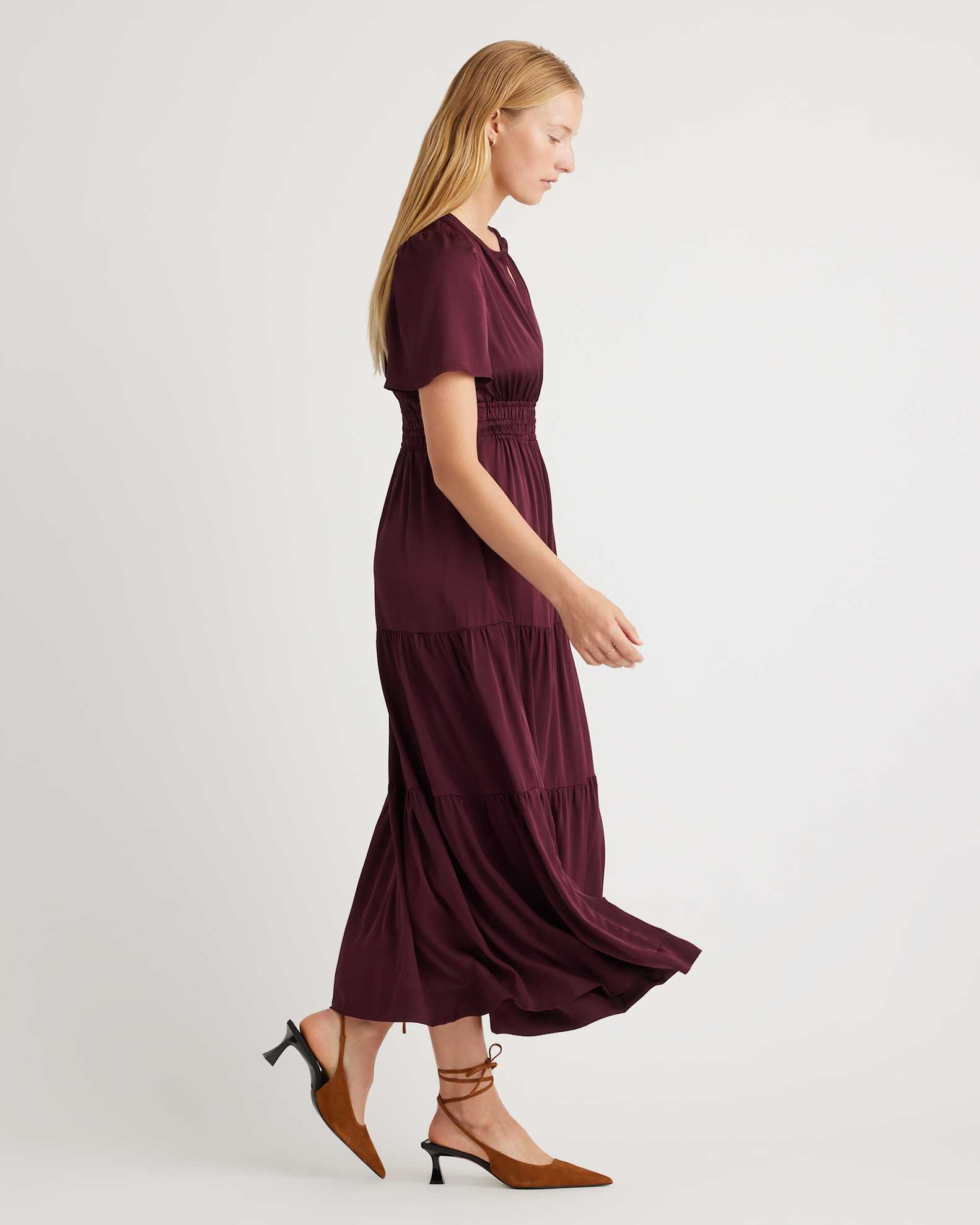 Quince Women's Stretch Silk Tiered Maxi Dress, XS, Wine Tasting - Washable, Hypo-allergenic, Thermoregulating, Comfortable Smocked Waistband Quince Women's Stretch Silk Tiered Maxi Dress, XS, Wine Tasting - Washable, Hypo-allergenic, Thermoregulating, Comfortable Smocked Waistband