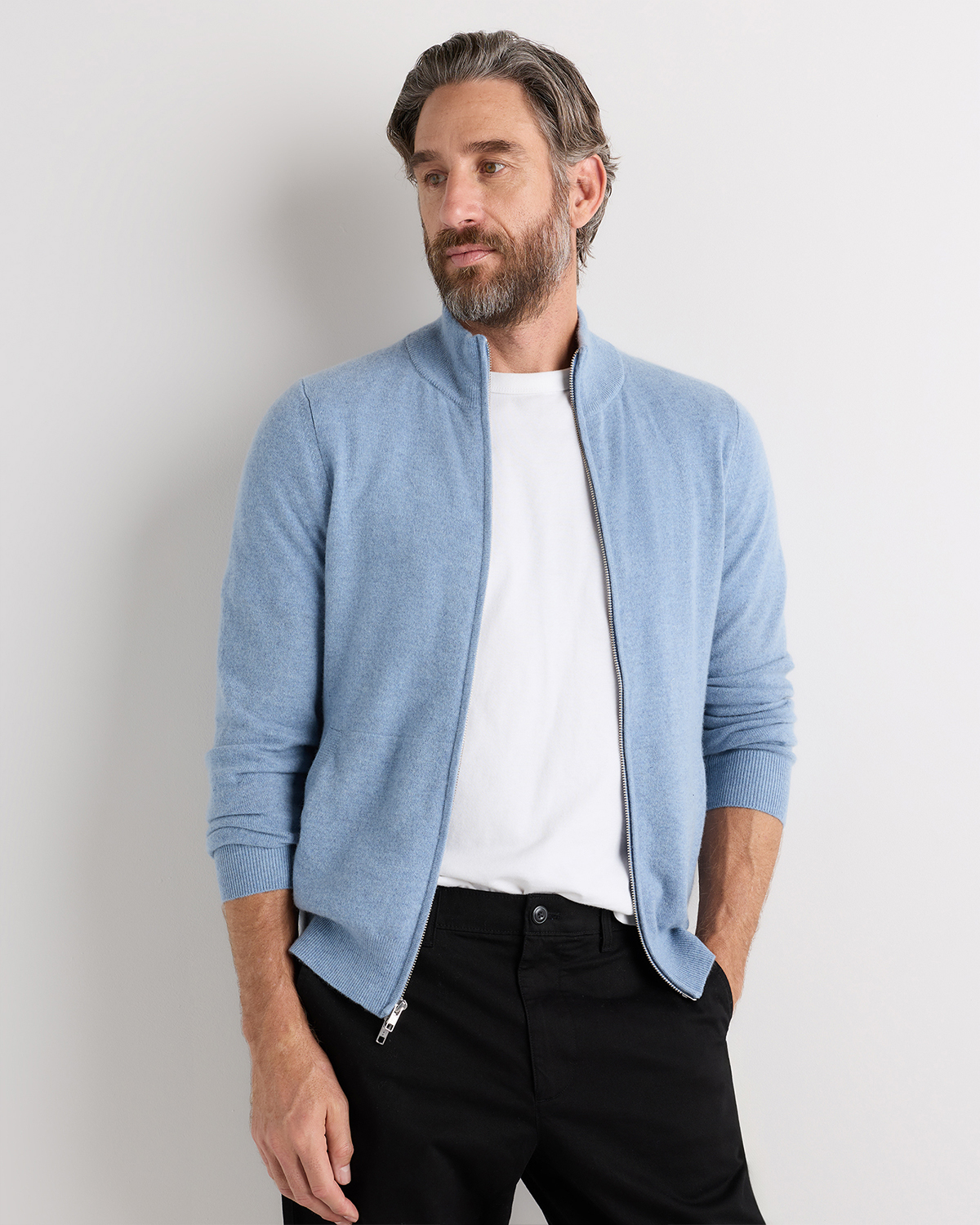Faded Denim Mongolian Cashmere Full Zip Sweater