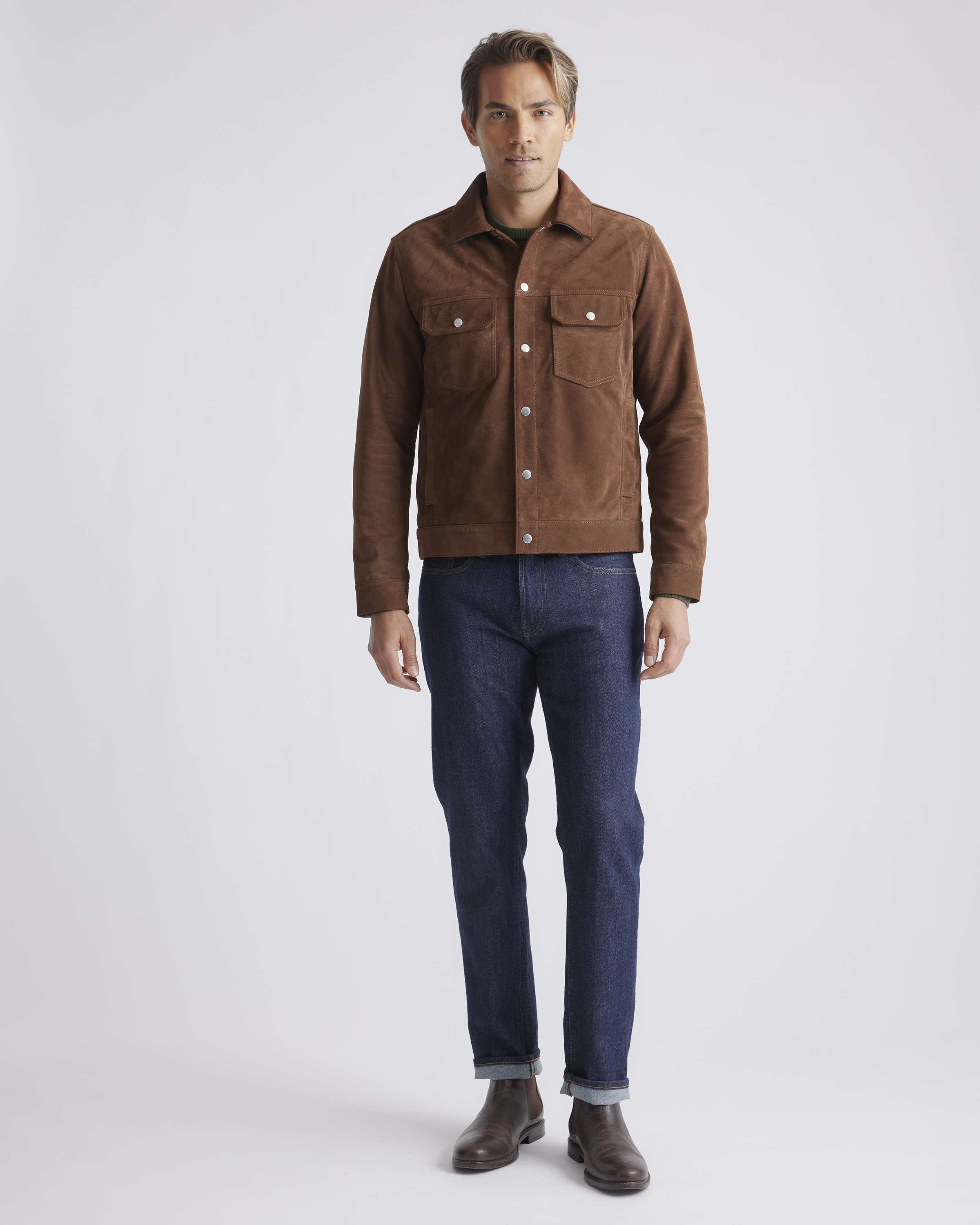 Suede Trucker Jacket | Quince in Dark Chestnut