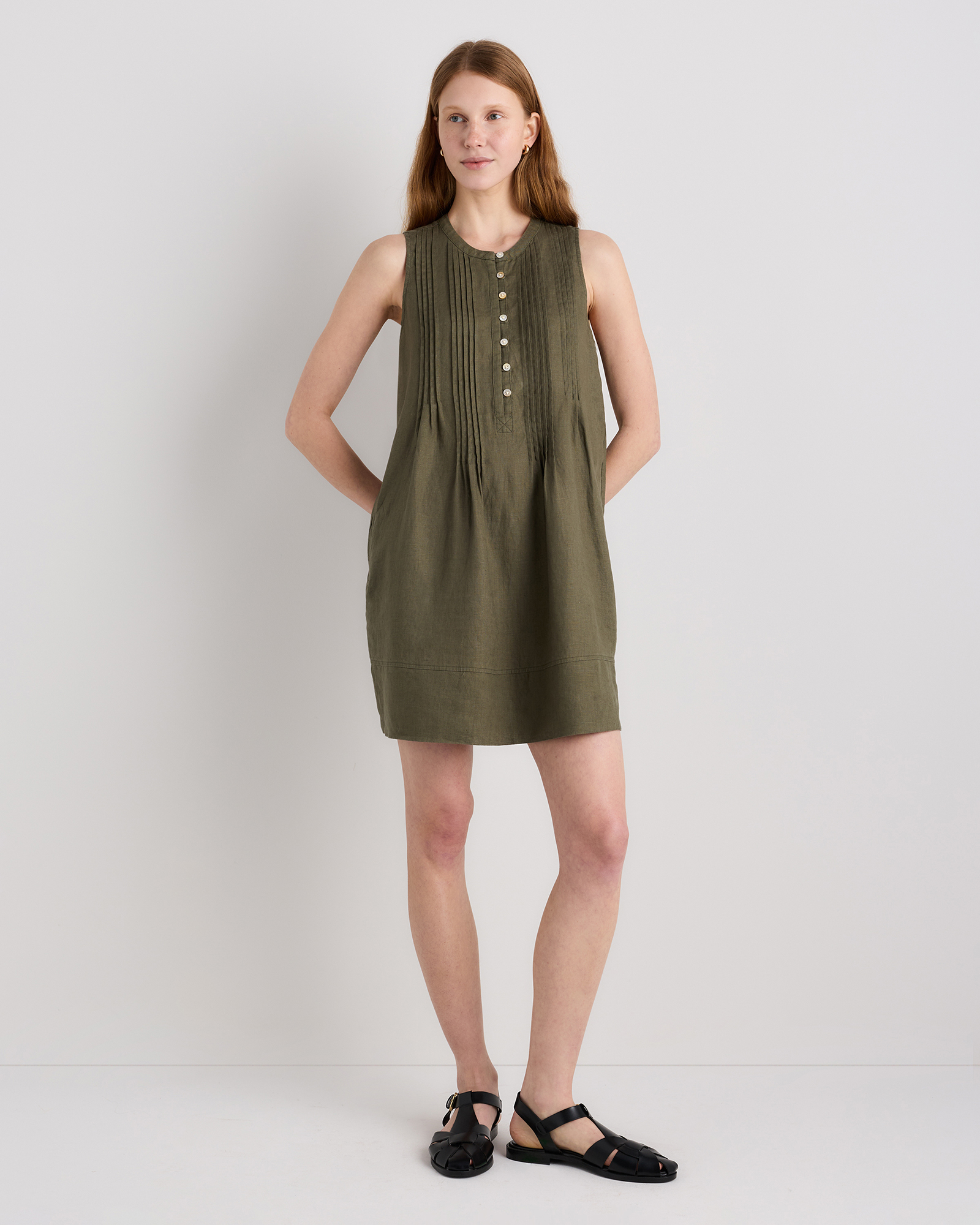Bayberry Olive 100% European Linen Sleeveless Swing Dress