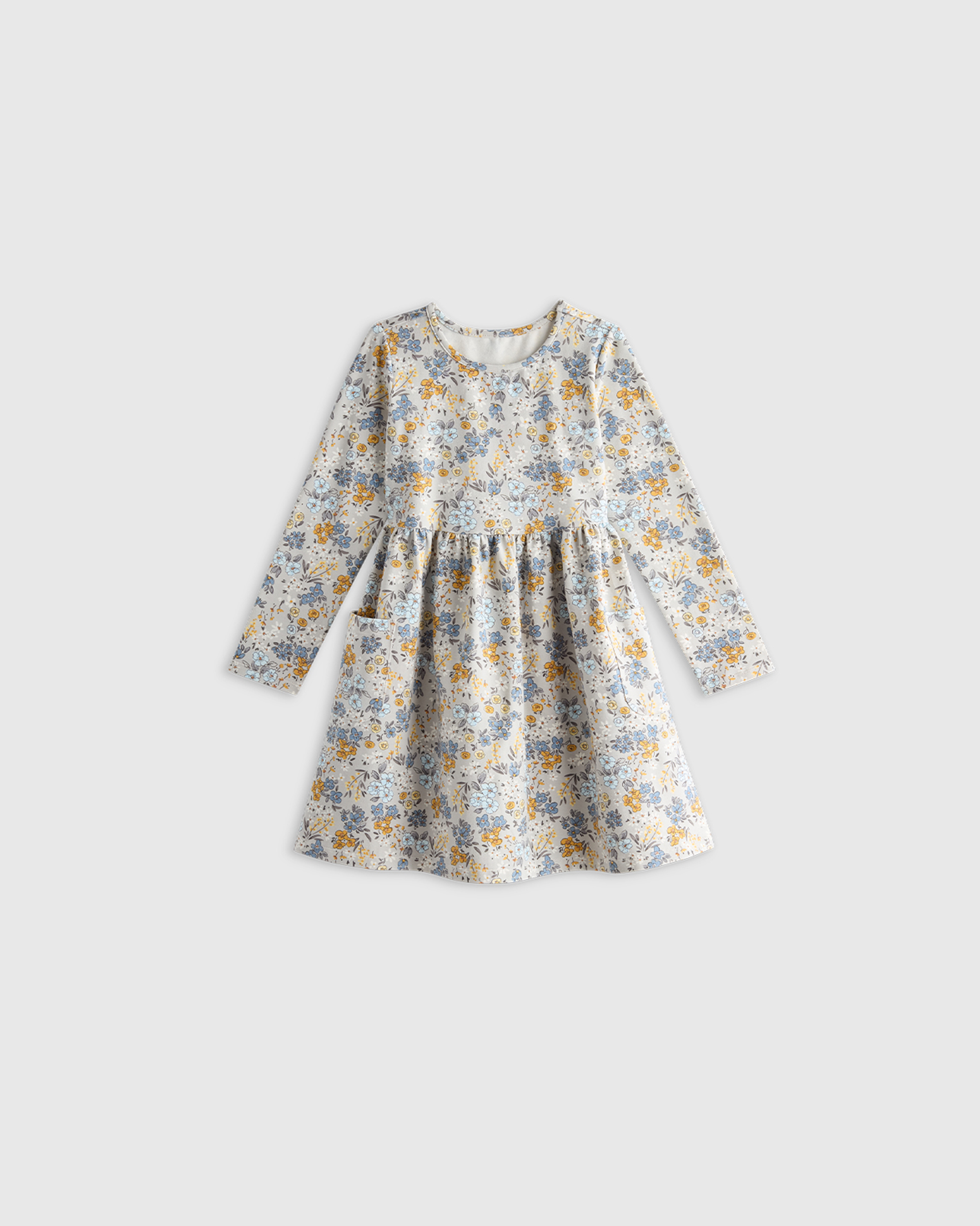 Grey Ditsy Floral Organic Cotton Long Sleeve Fit and Flare Pocket Dress