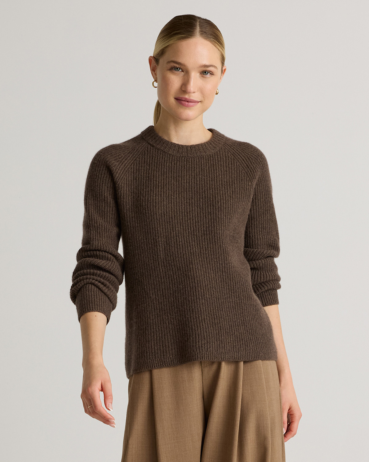 Quince Mongolian Cashmere Fisherman Crewneck Sweater in Brown
