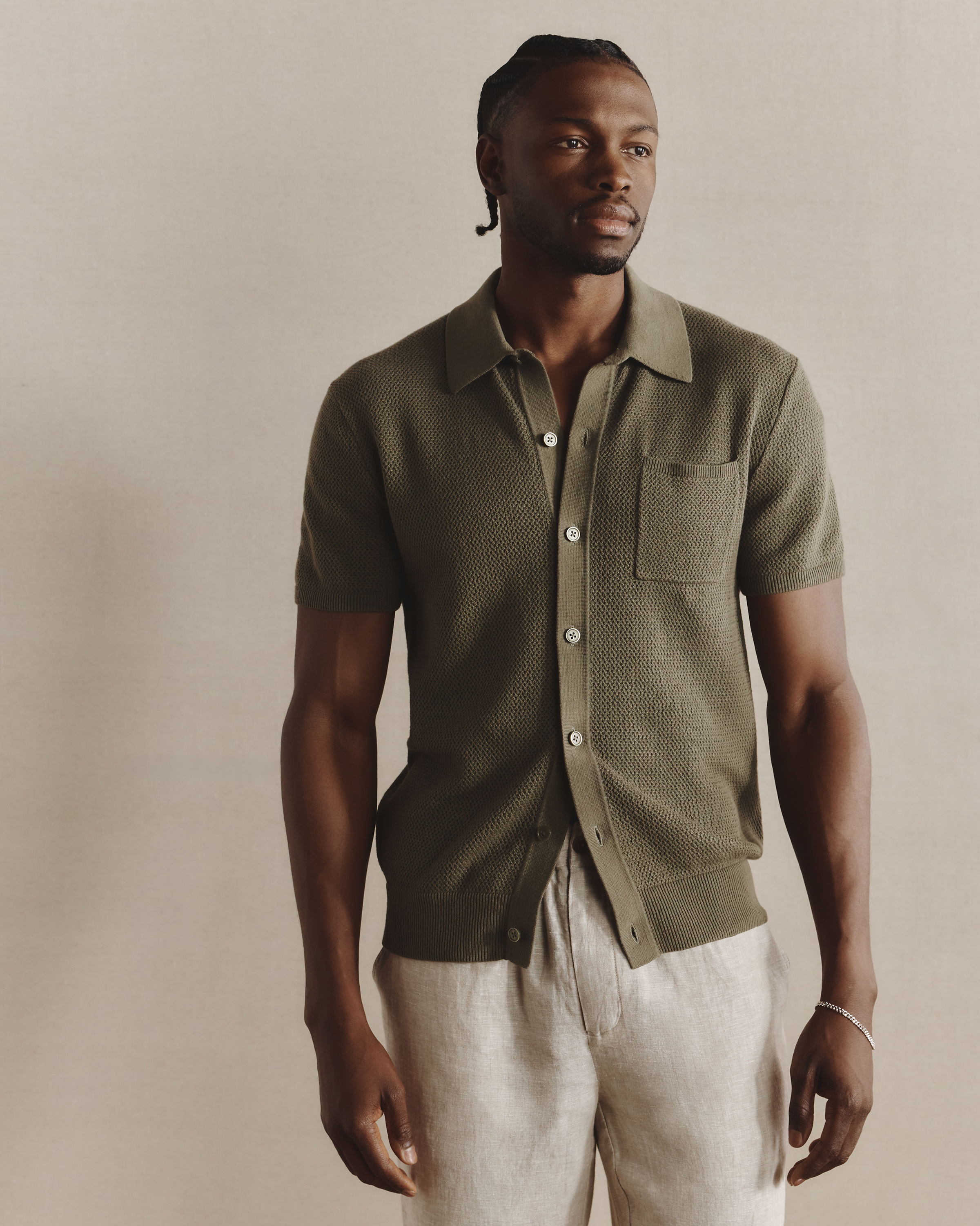 100% Organic Cotton Mesh-Stitch Button-Up Sweater Polo in Bayberry