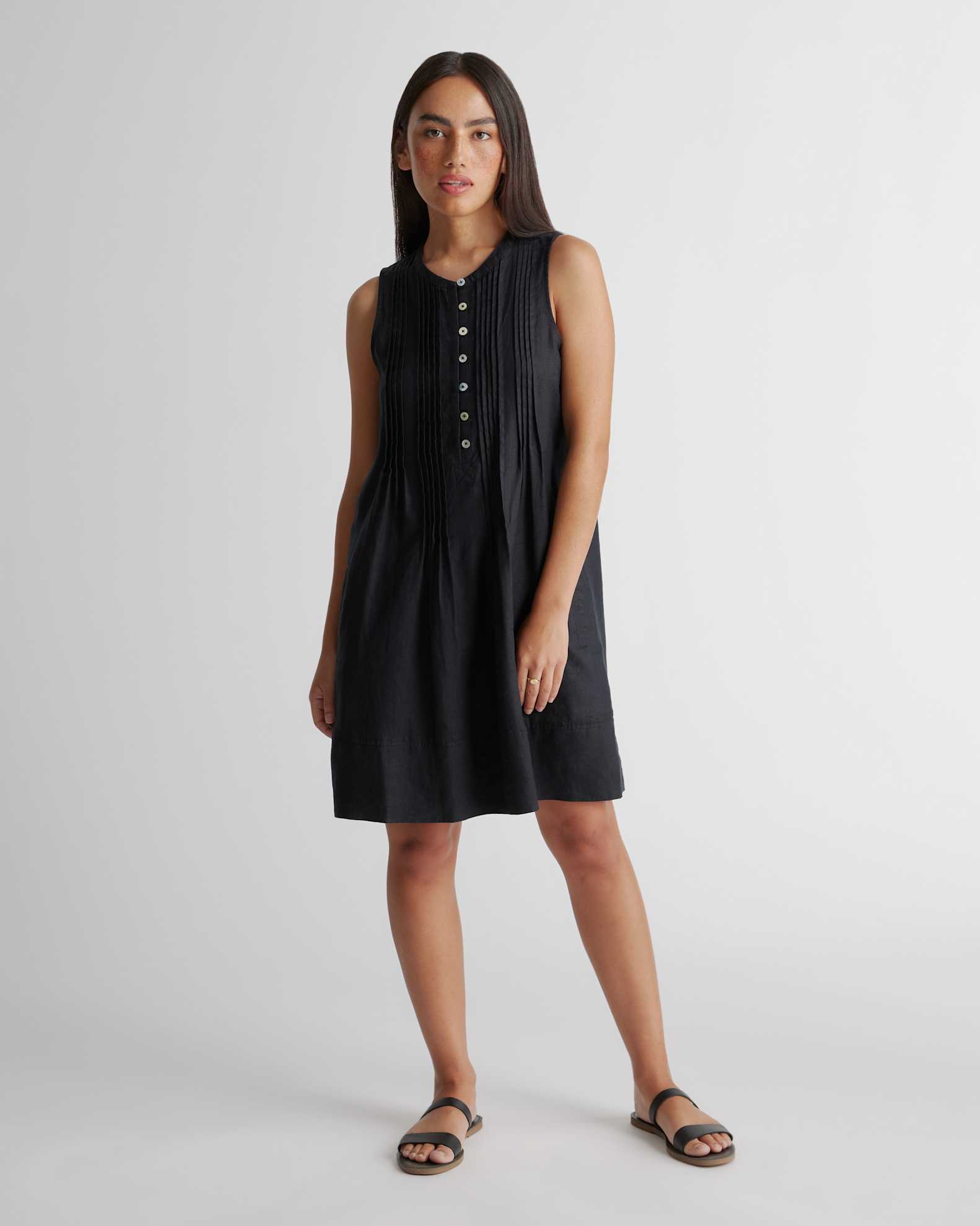 Quince Women's Sleeveless Swing Dress in Black, Size XL - 100% European Linen, Eco-Friendly, Pleat Detailing Quince Women's Sleeveless Swing Dress in Black, Size XL - 100% European Linen, Eco-Friendly, Pleat Detailing