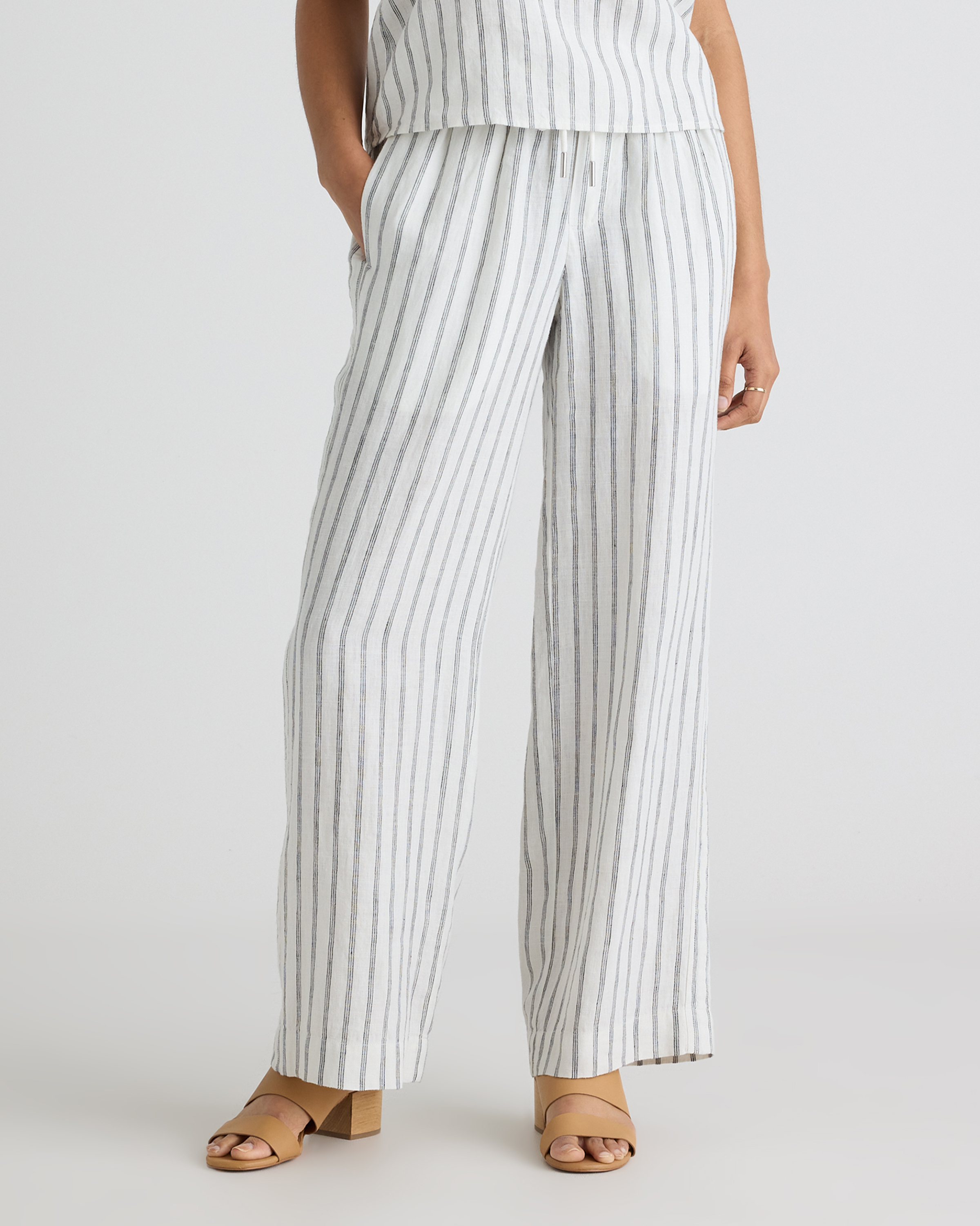 Oatmeal / Black Stripe 100% European Linen Wide Leg Pants