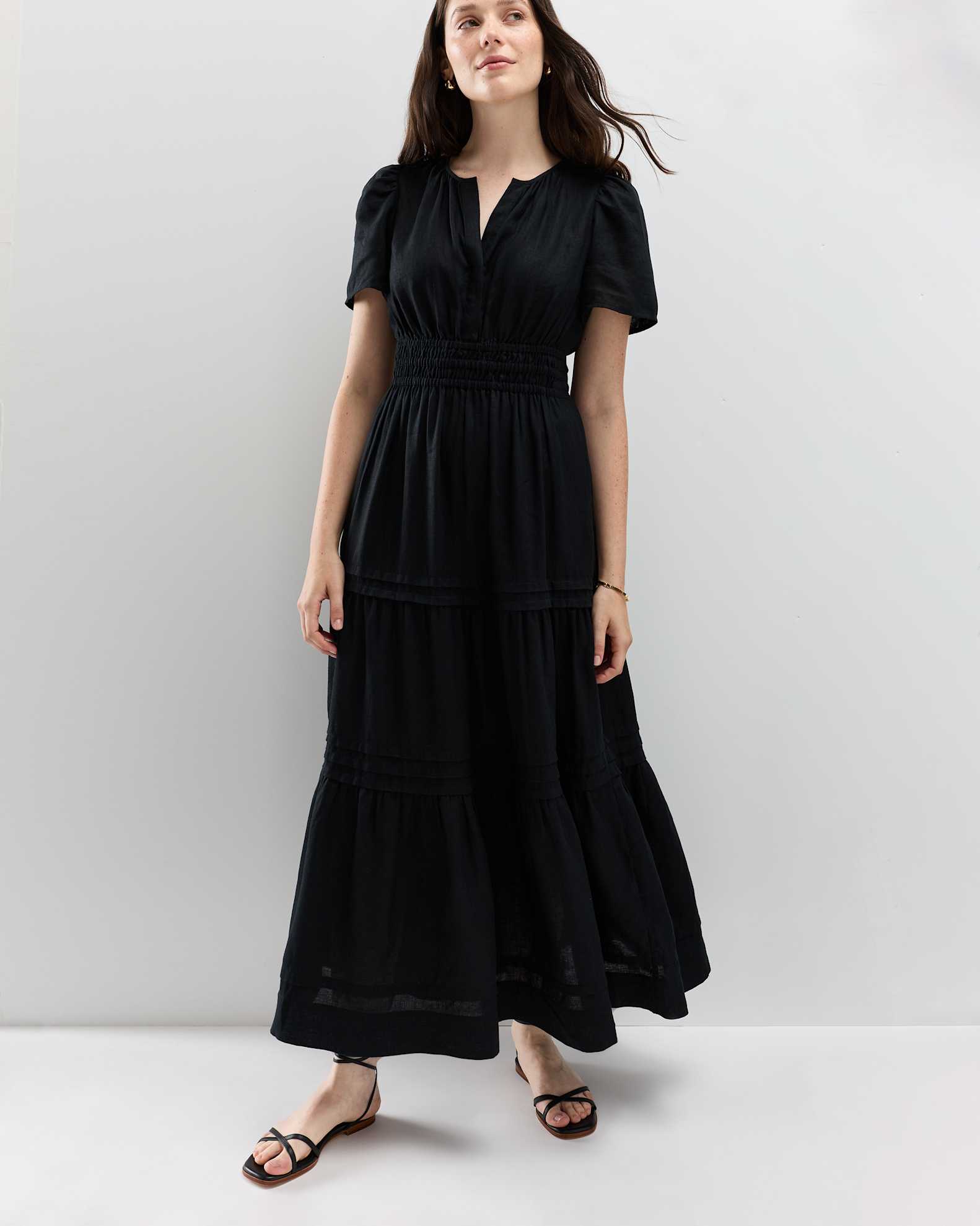 100% European Linen Tiered Maxi Dress in Black 100% European Linen Tiered Maxi Dress in Black