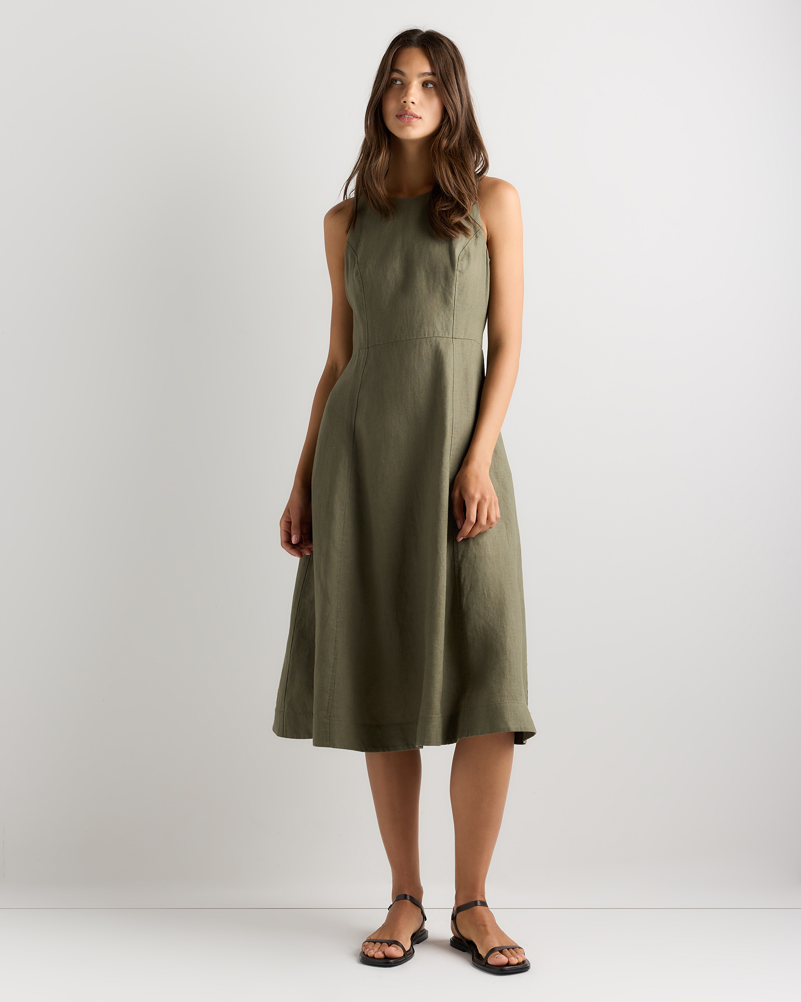 Bayberry Olive 100% European Linen High Neck Midi Dress