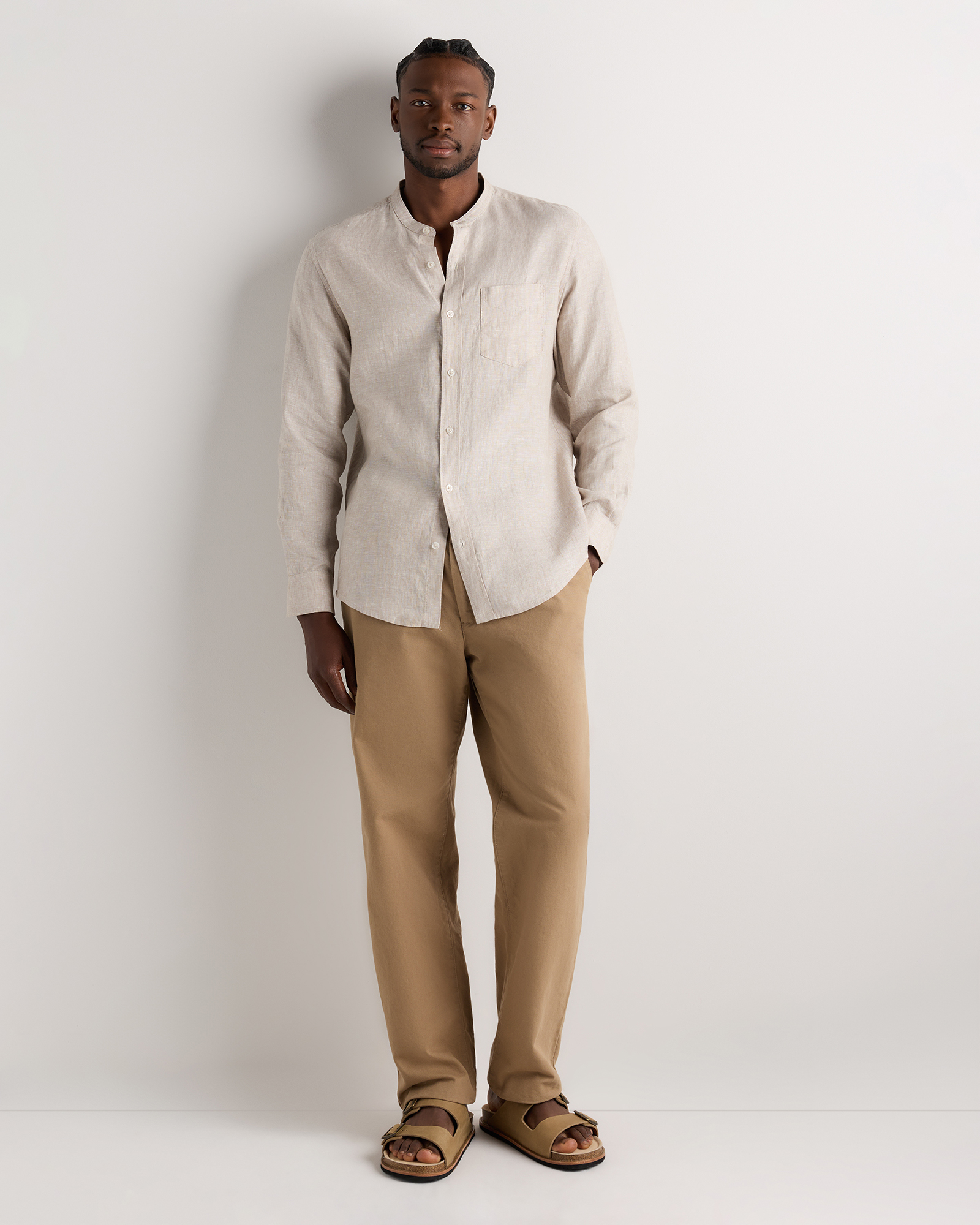 Men's 100% European Linen Banded Collar Shirt in Flax