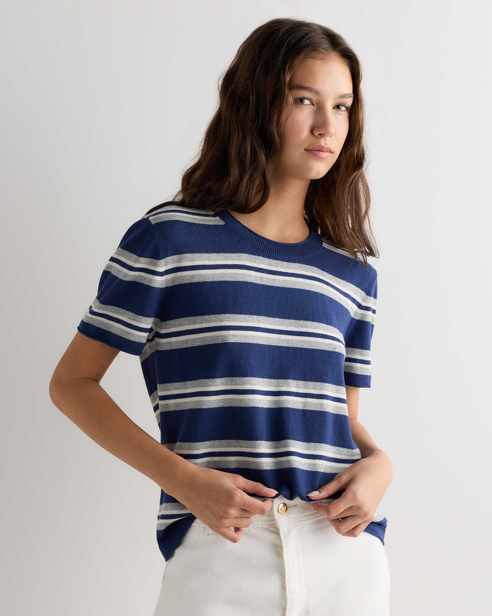 Twilight Blue Variegated Stripe T-shirt style pull décontracté léger en coton et cachemire
