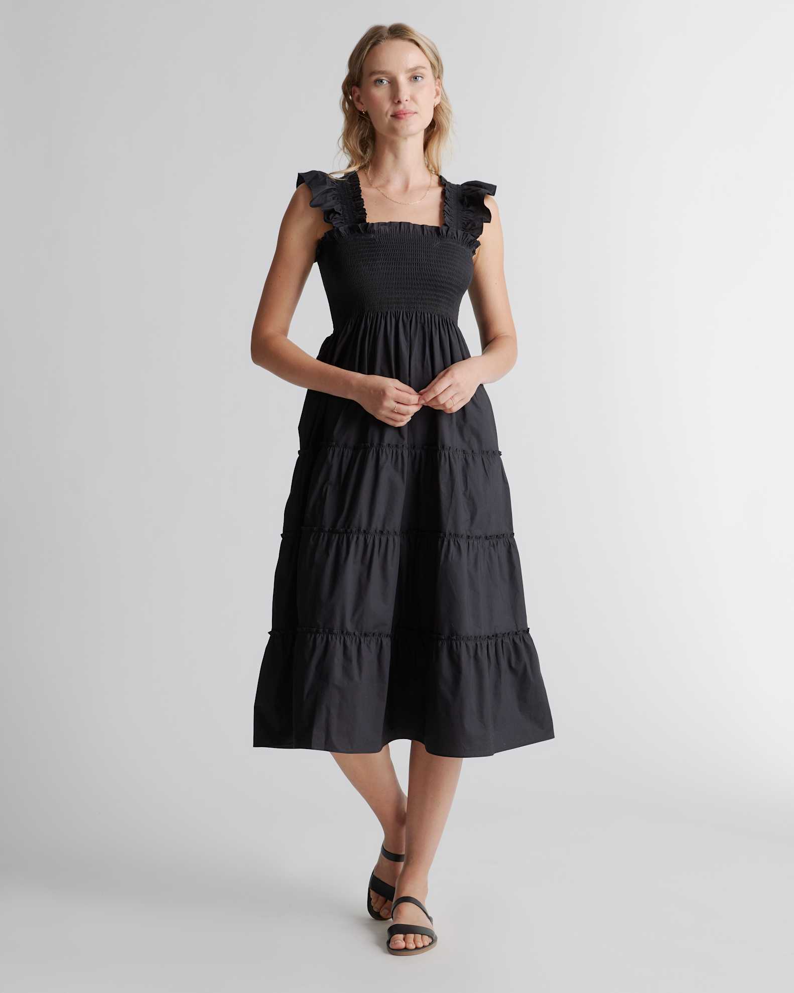 Quince Women's Poplin Smocked Midi Dress in Black, Size Small - 100% Organic Cotton, A-Line Cut, Ruffle Detailing Quince Women's Poplin Smocked Midi Dress in Black, Size Small - 100% Organic Cotton, A-Line Cut, Ruffle Detailing