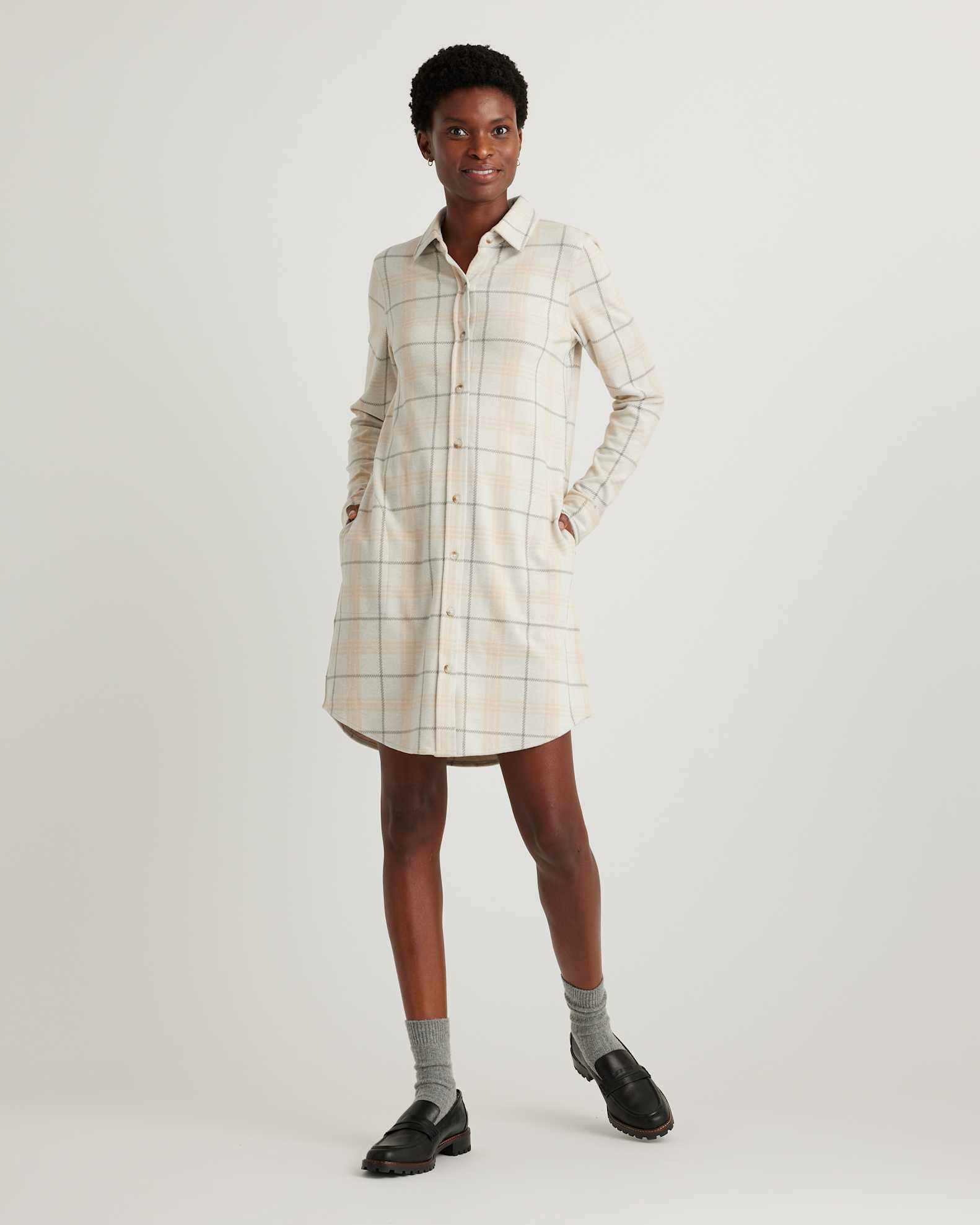 Quince Women's Stretch Sweater Fleece Shirt Dress, Oatmeal Check, Size XL, Recycled Polyester - Cozy & Polished Look Quince Women's Stretch Sweater Fleece Shirt Dress, Oatmeal Check, Size XL, Recycled Polyester - Cozy & Polished Look
