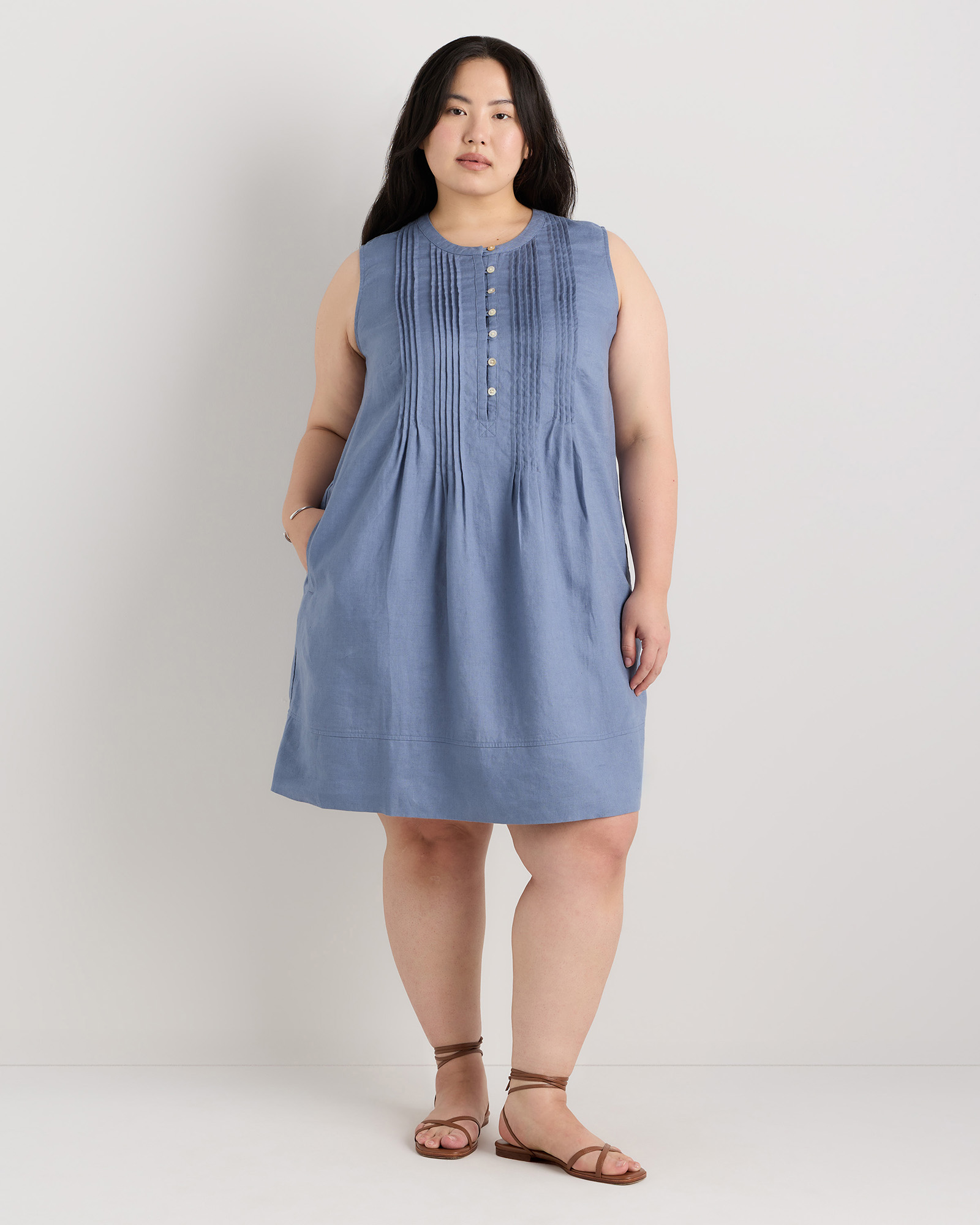 Moonstone Blue 100% European Linen Sleeveless Swing Dress