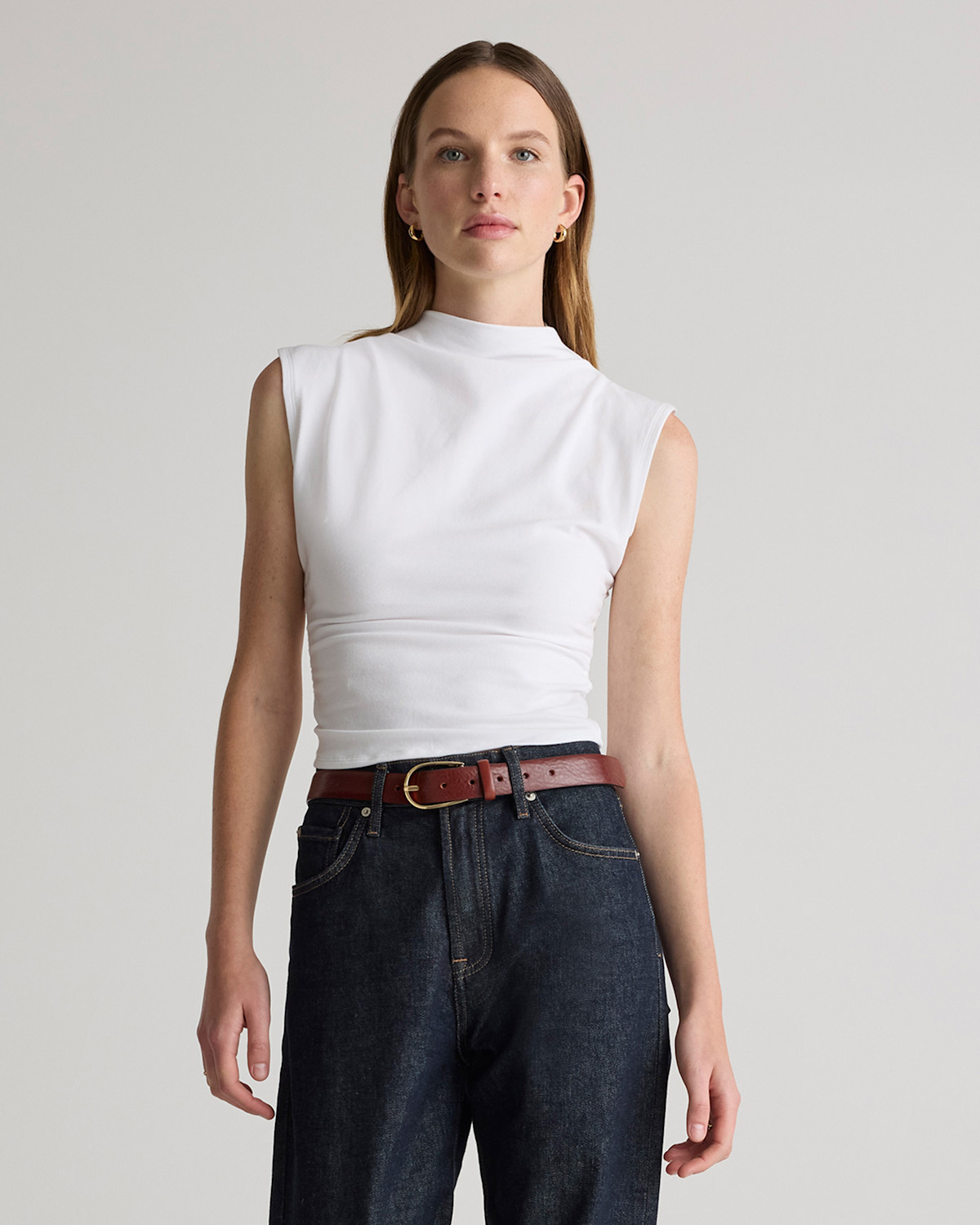 Quince Stretch Cotton Jersey Sleeveless Mock Neck Top in Cocoa