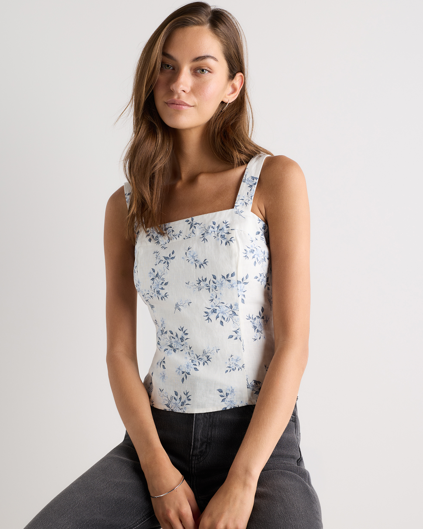Ivory Porcelain Blue Petite Floral 100% European Linen Fitted Tank
