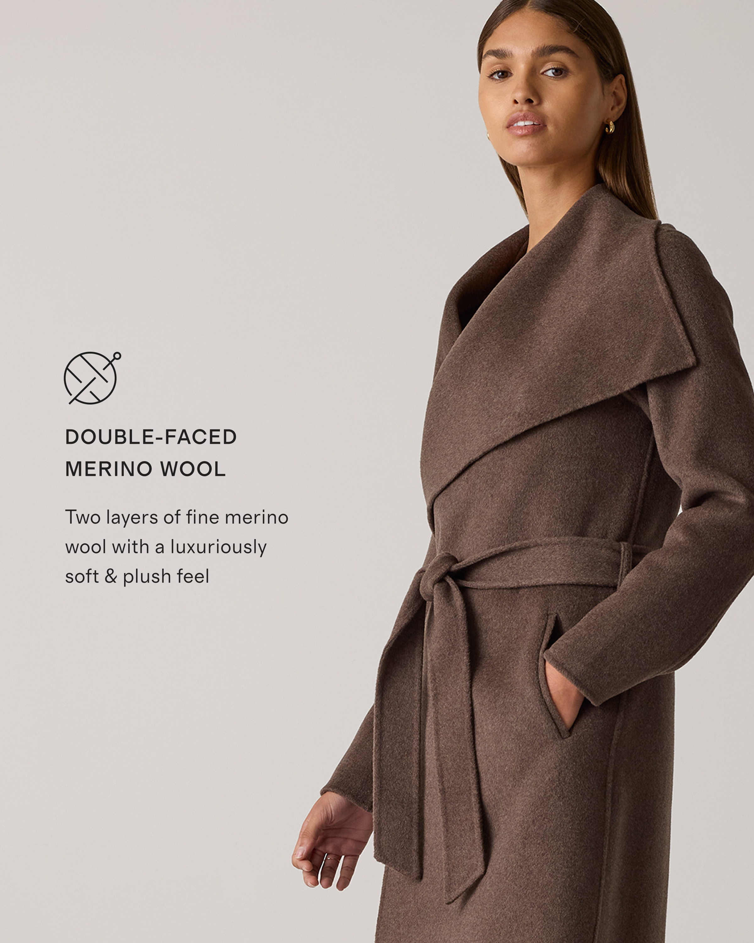 Double-Faced Merino Wool Draped Collar Wrap Coat in Cocoa Melange