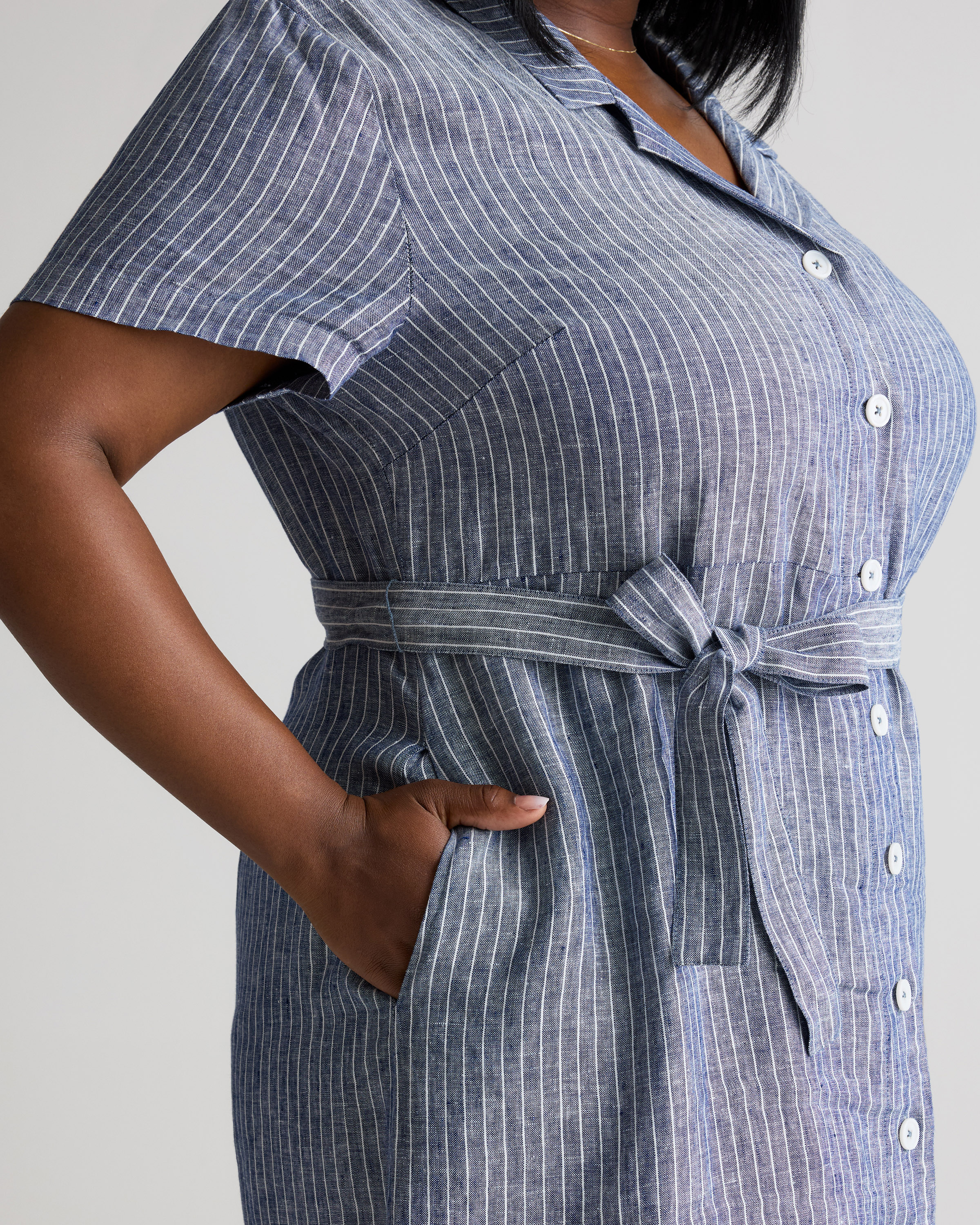 Women's 100% European Linen Button Front Dress in Chambray Stripe, Size 2X by Quince