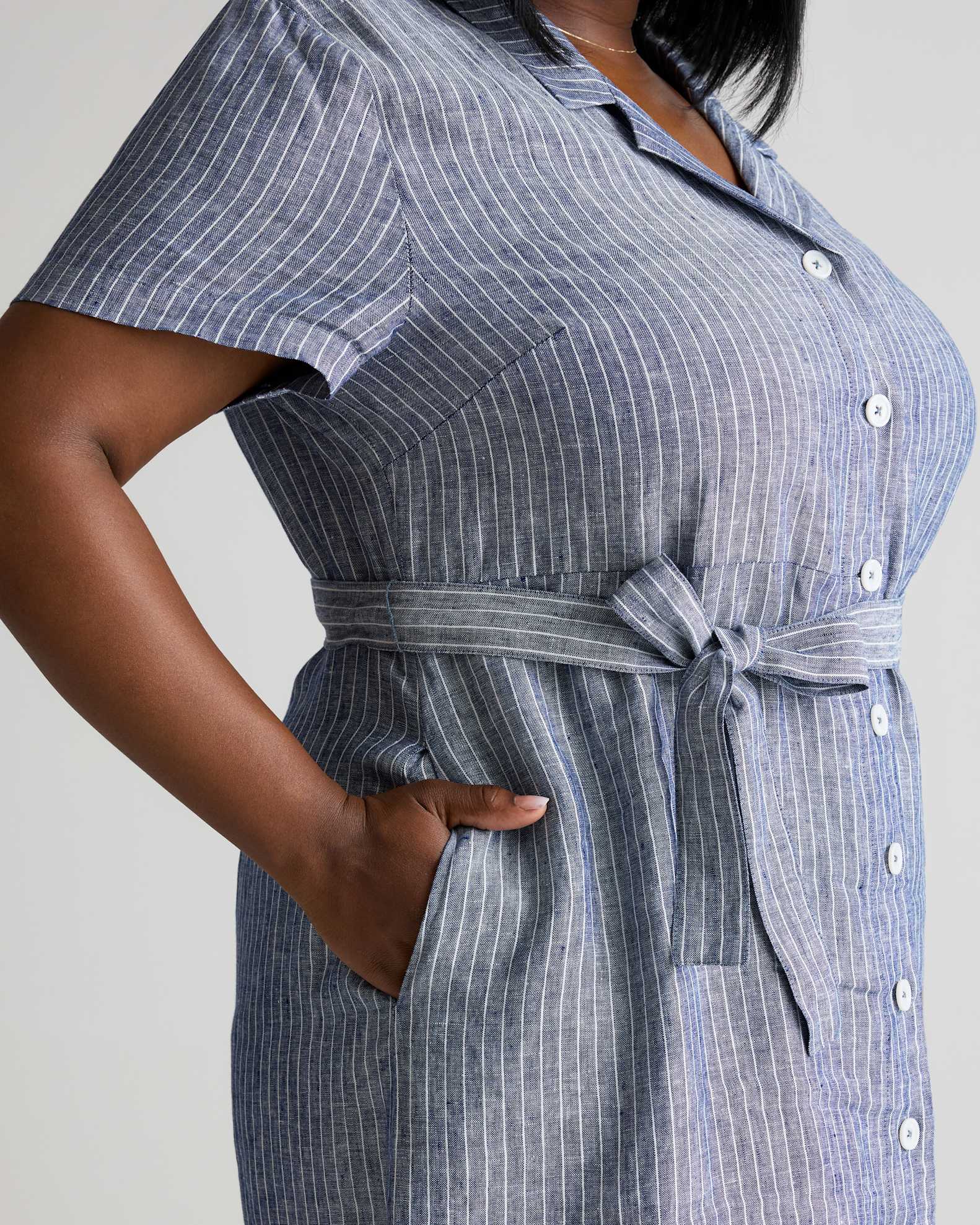 quince linen button front dress Women's 100% European Linen Button Front Dress in Chambray Stripe, Size XS by Quince