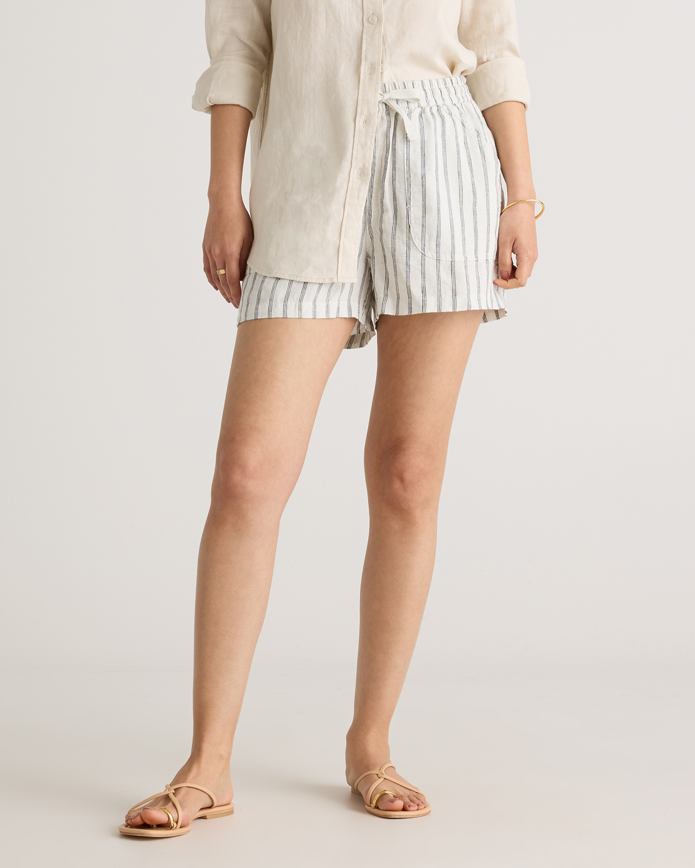 Oatmeal / Black Stripe 100% European Linen Shorts