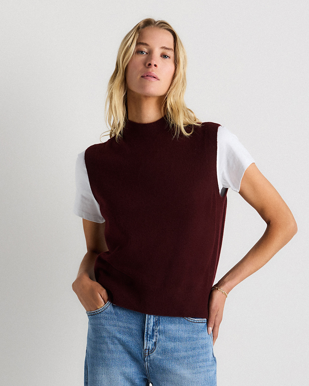 Quince Mongolian Cashmere Mock Neck Sweater Vest in Rich Burgundy