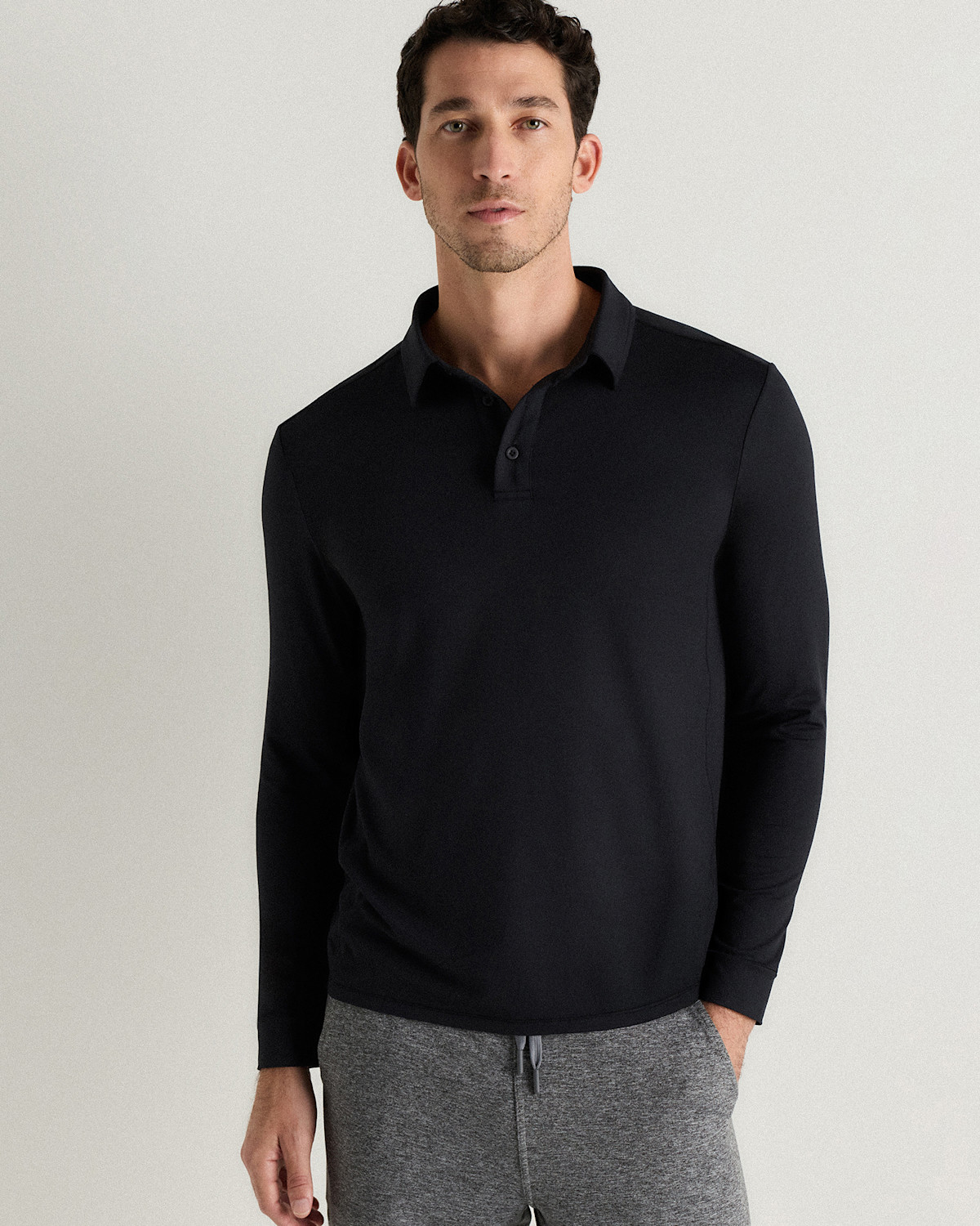 Quince Flowknit Breeze Performance Long Sleeve Polo in True Black