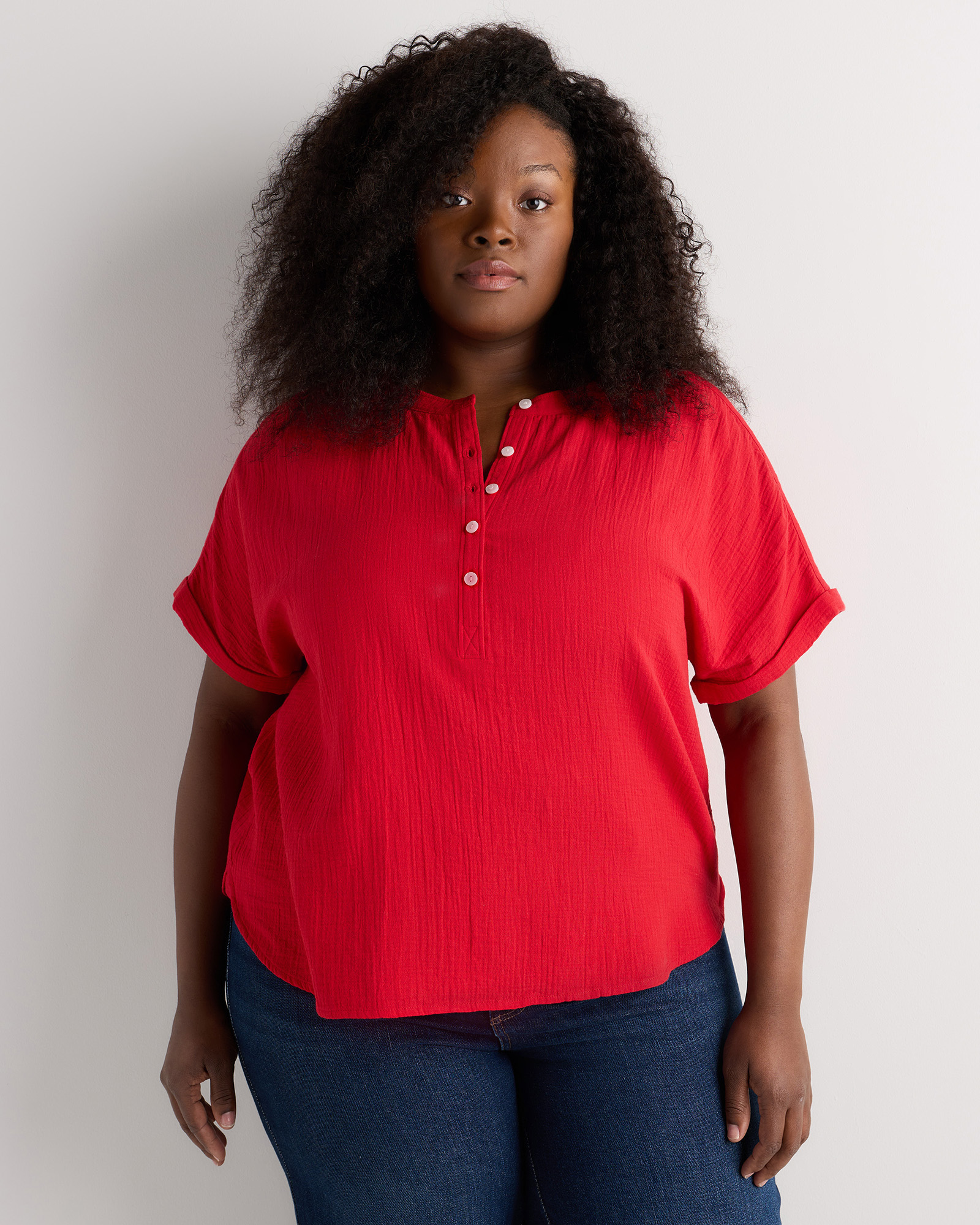 Wild Cherry 100% Organic Cotton Gauze Roll Sleeve Shirt