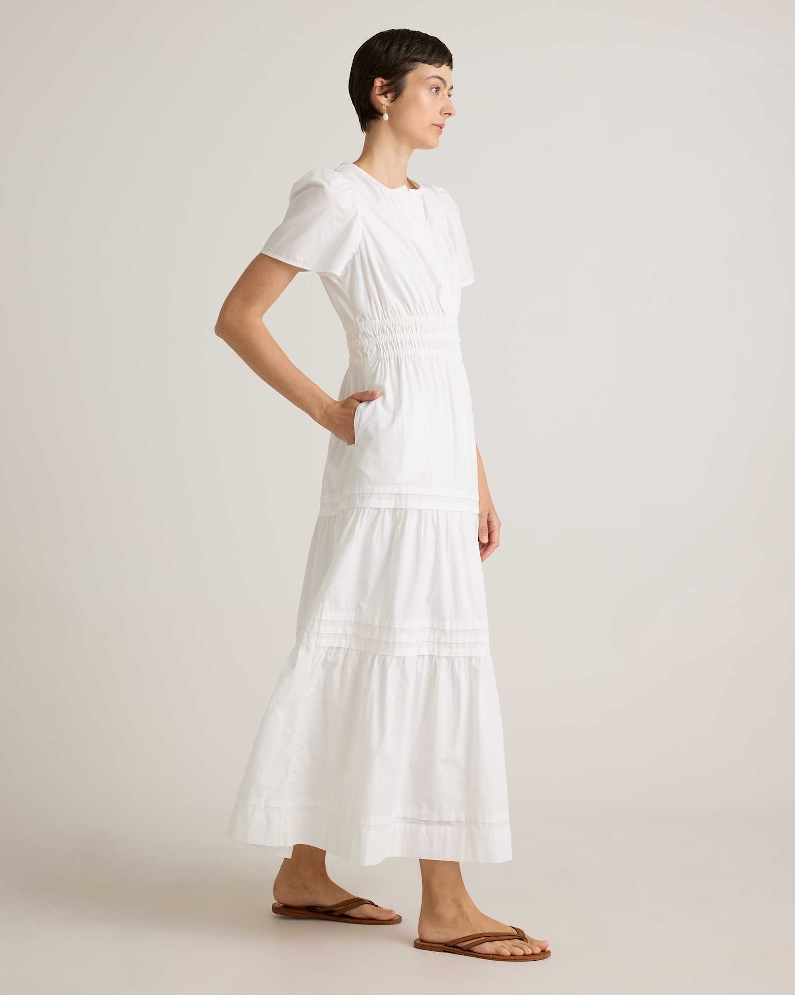 Quince Women's Poplin Tiered Maxi Dress, Classic White, Size Medium, 100% Organic Cotton, V-Neck, Short Sleeves Quince Women's Poplin Tiered Maxi Dress, Classic White, Size Medium, 100% Organic Cotton, V-Neck, Short Sleeves