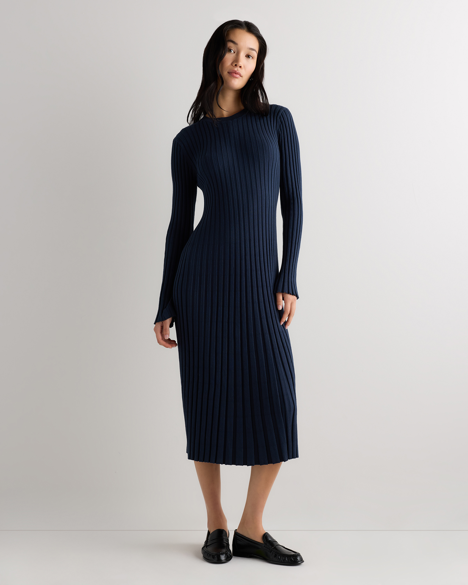 Atlas Navy Cotton Cashmere Ribbed Long Sleeve Crew Midi Dress