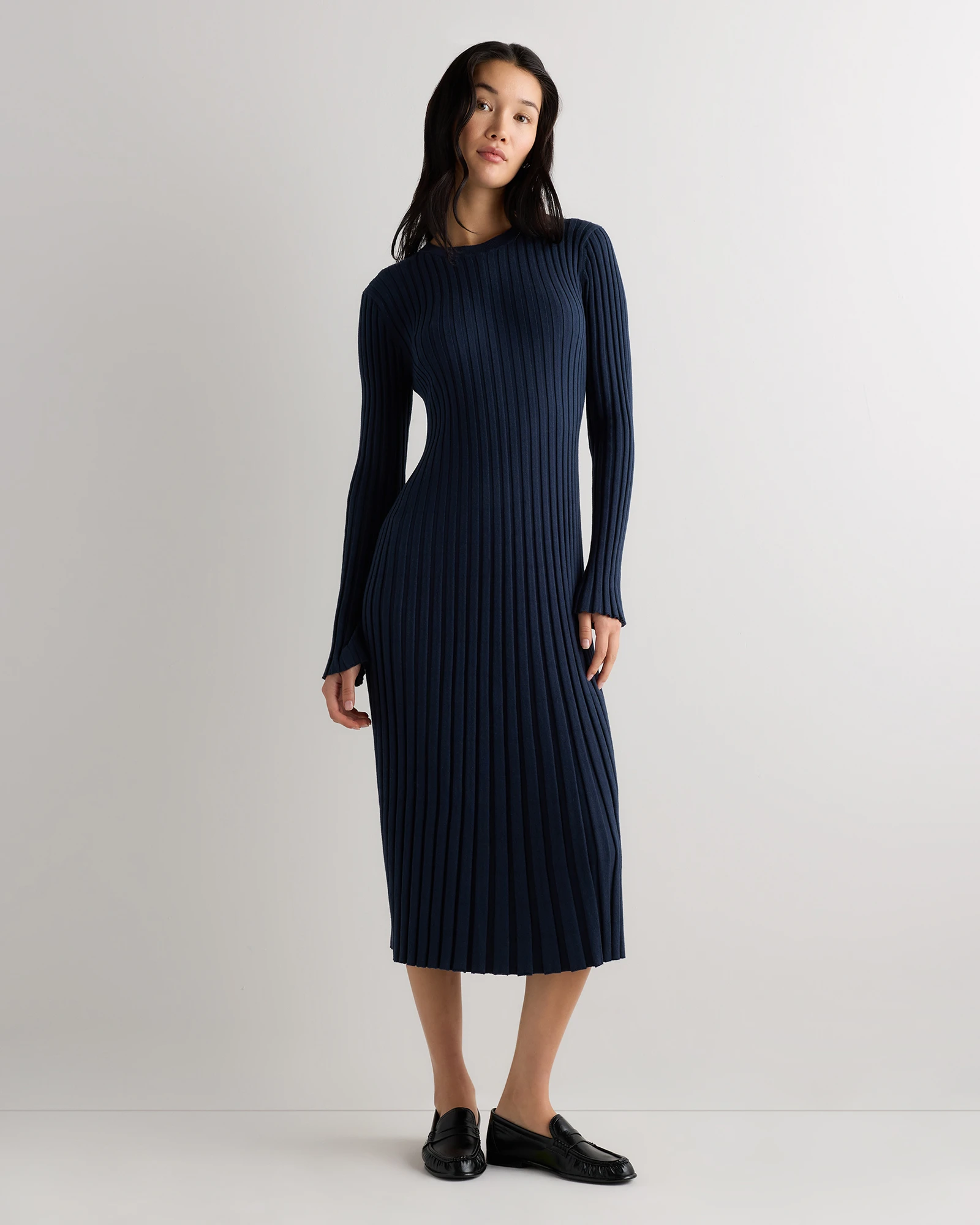 Women's Cotton Cashmere Ribbed Long Sleeve Crew Midi Dress in Mountain Spring Blue, Size Medium by Quince