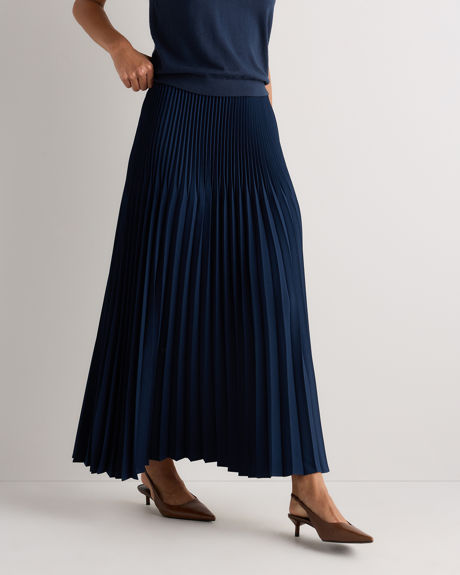 Pleated Matte Midi Skirt in Riviera Navy