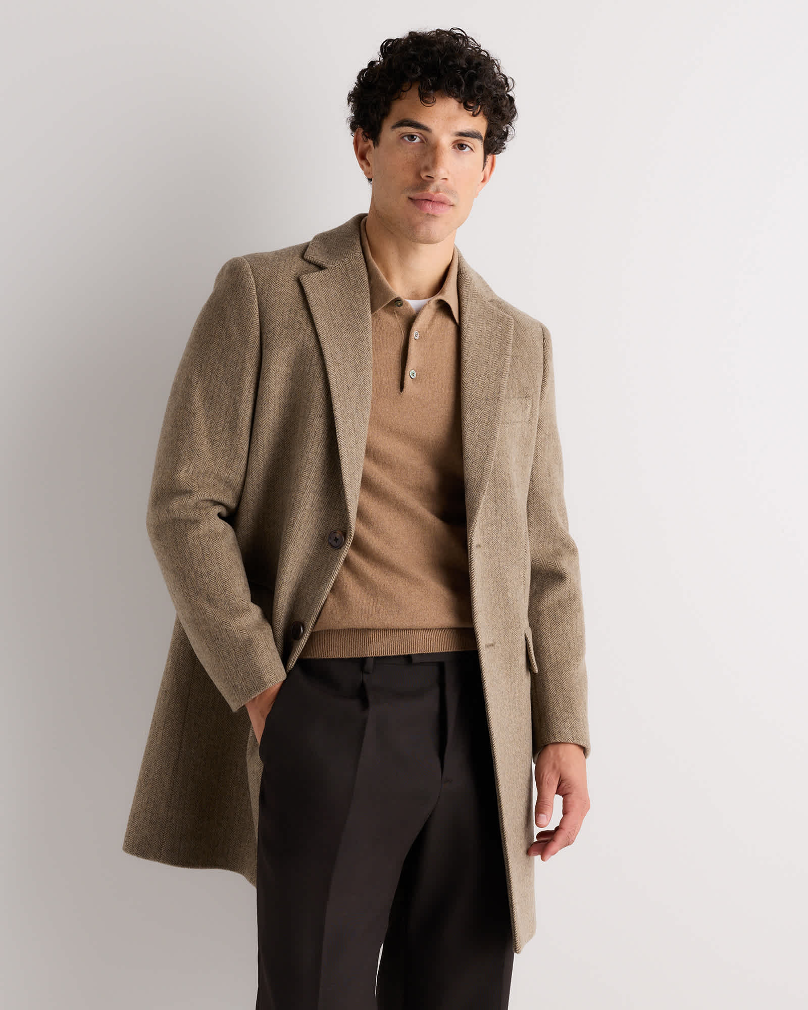 Brown Herringbone Pardessus en laine et cachemire