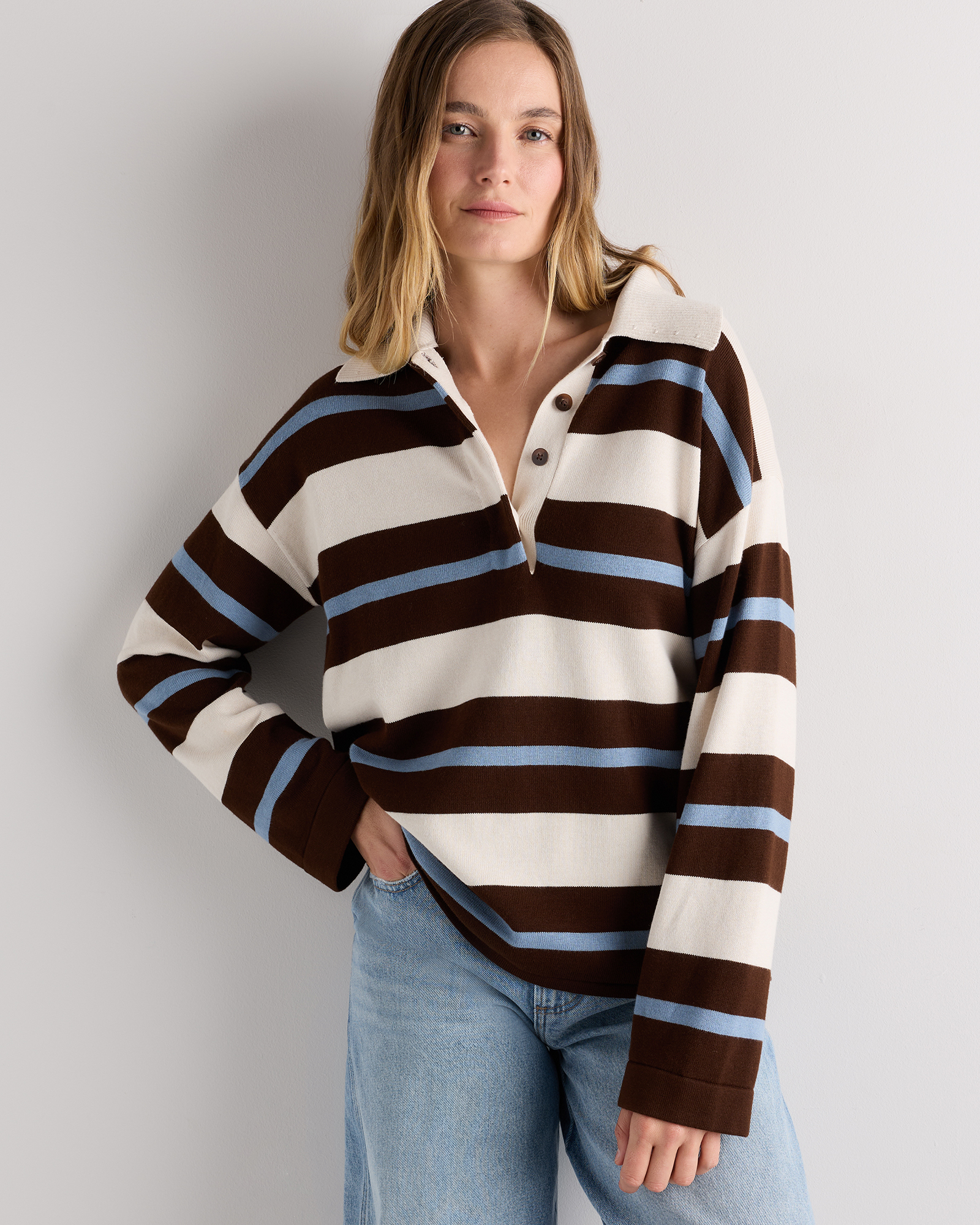 Bone / Brown / Mountain Spring Blue Variegated Stripe Cotton Cashmere Rugby Polo Sweater