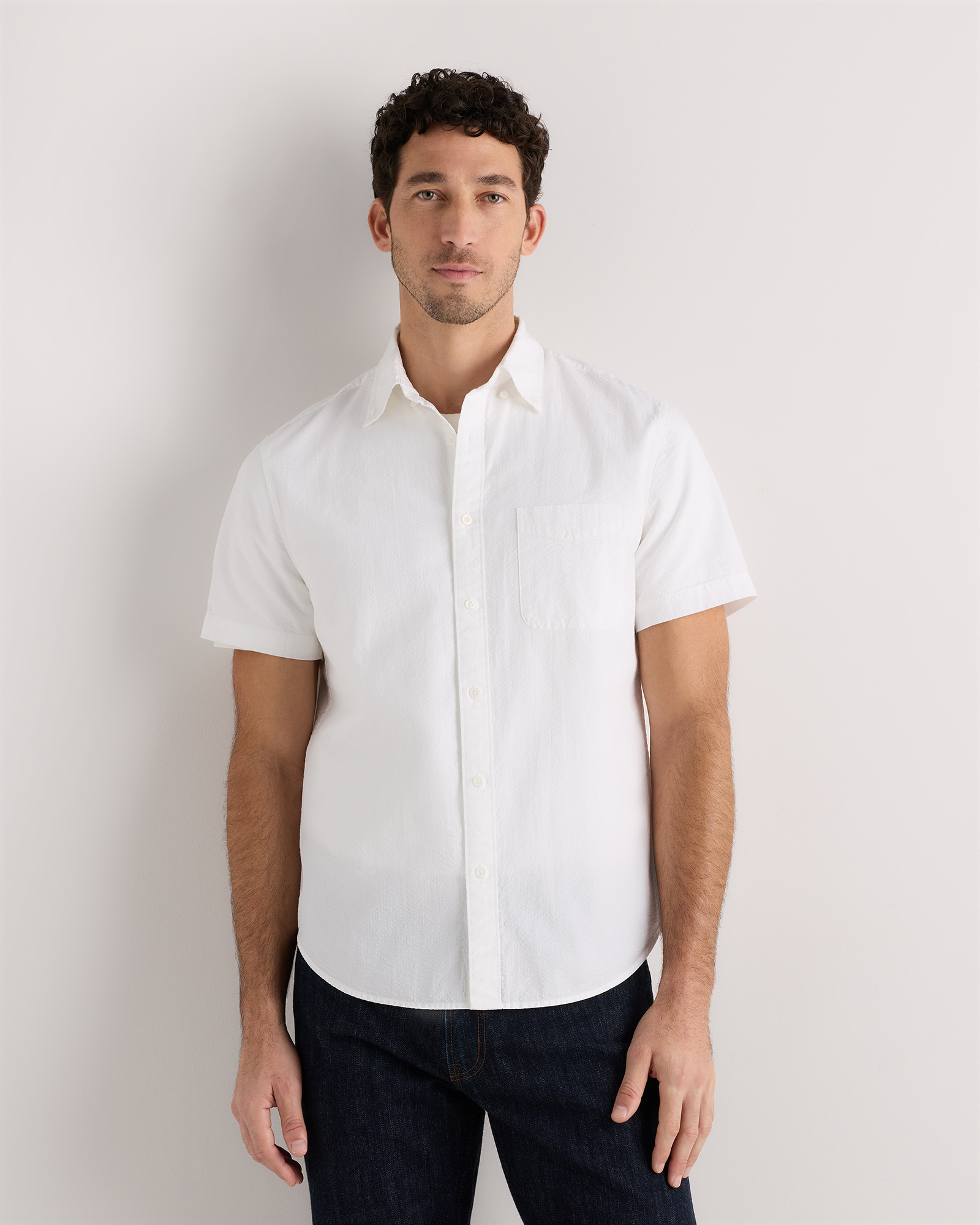 White 100% Organic Cotton Seersucker Short Sleeve Shirt