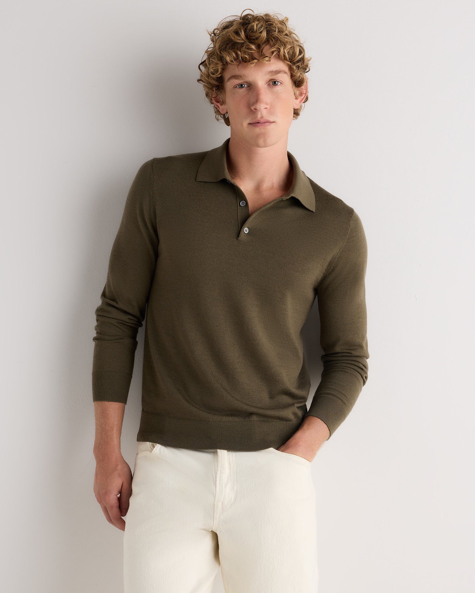 Olive Worsted Merino Wool Polo Sweater