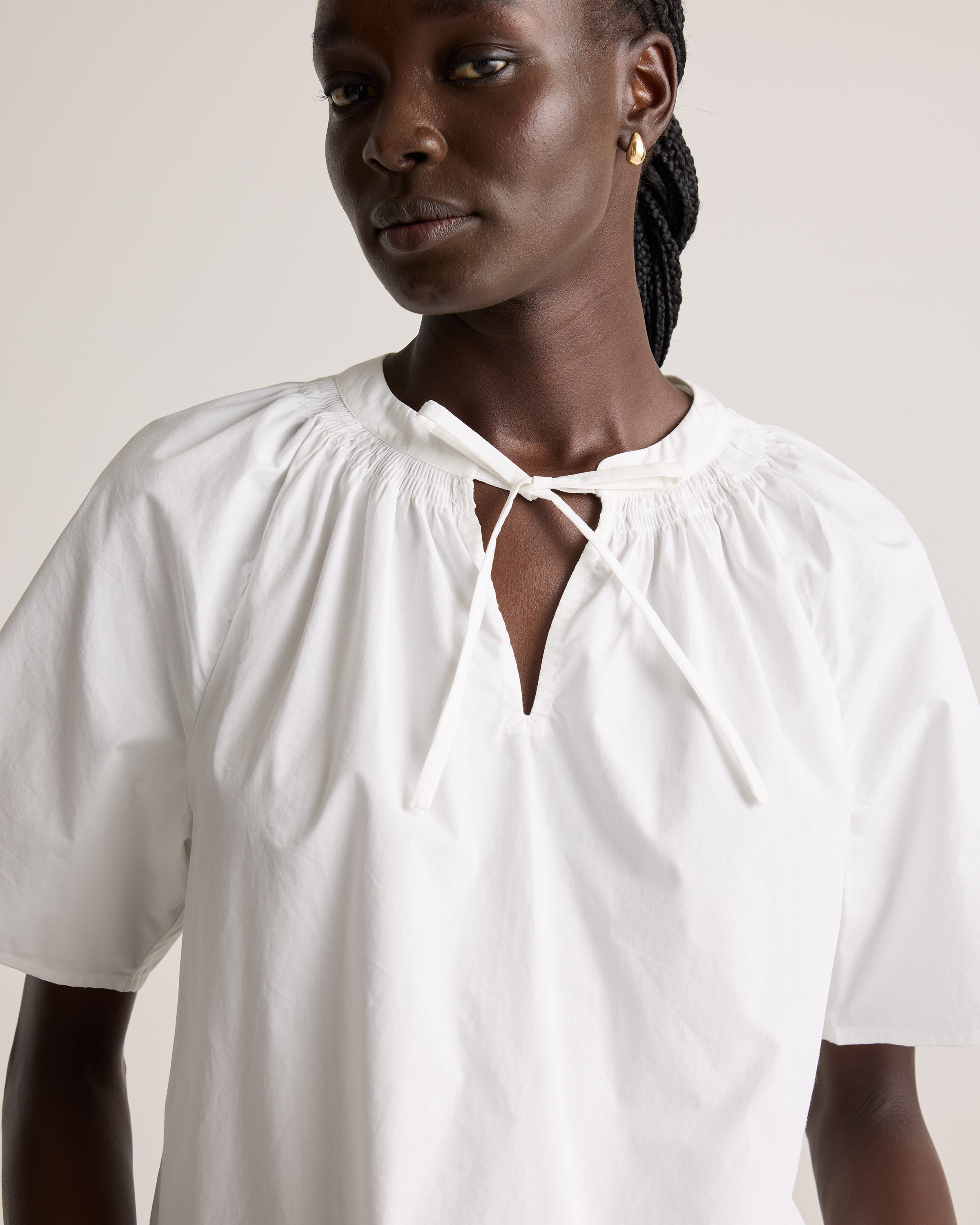 100% Organic Cotton Poplin Split Neck Top in Classic White